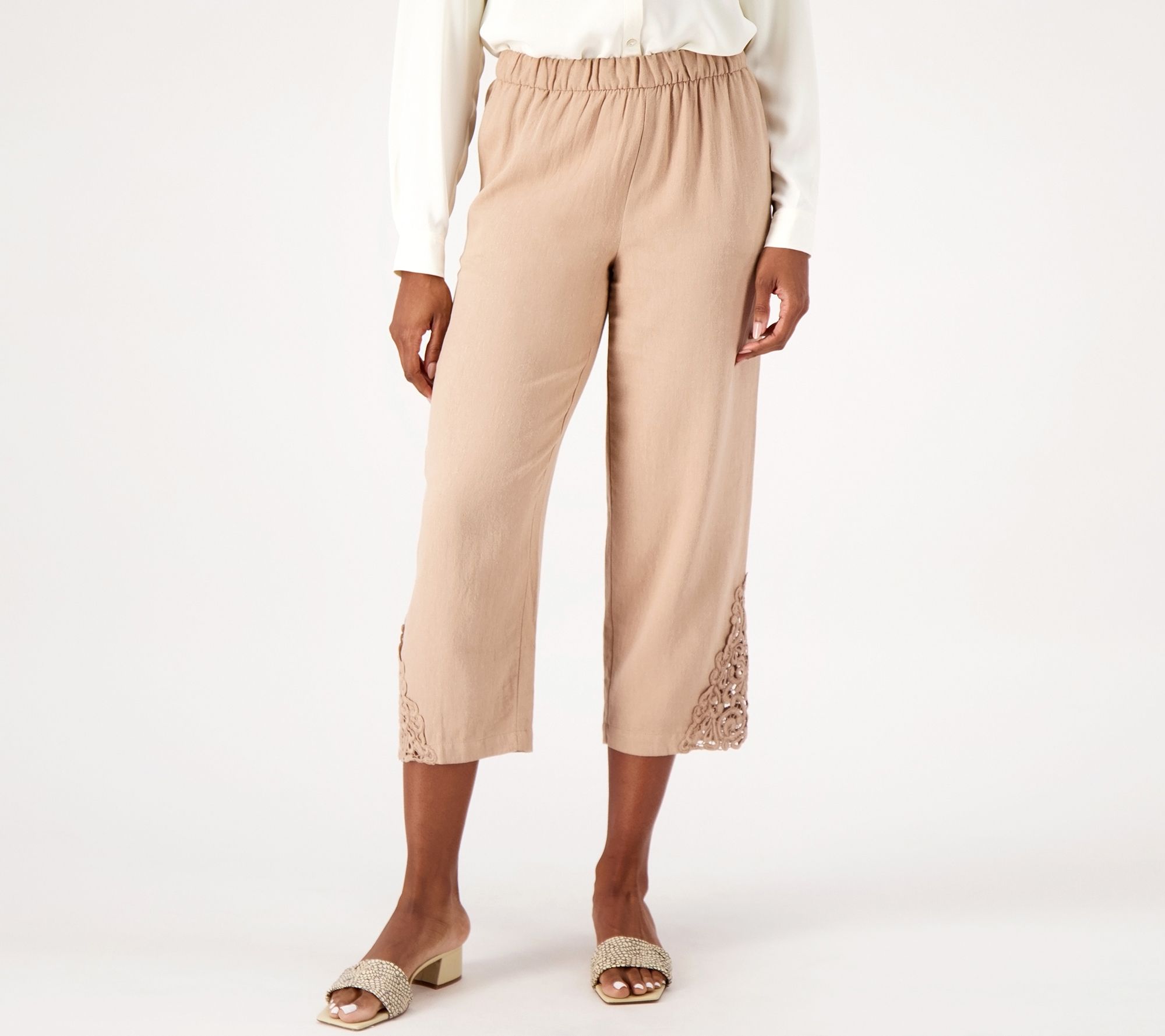 "As Is" Susan Graver Pure Regular Linen Blend Crop Pant w/ Lace Inset