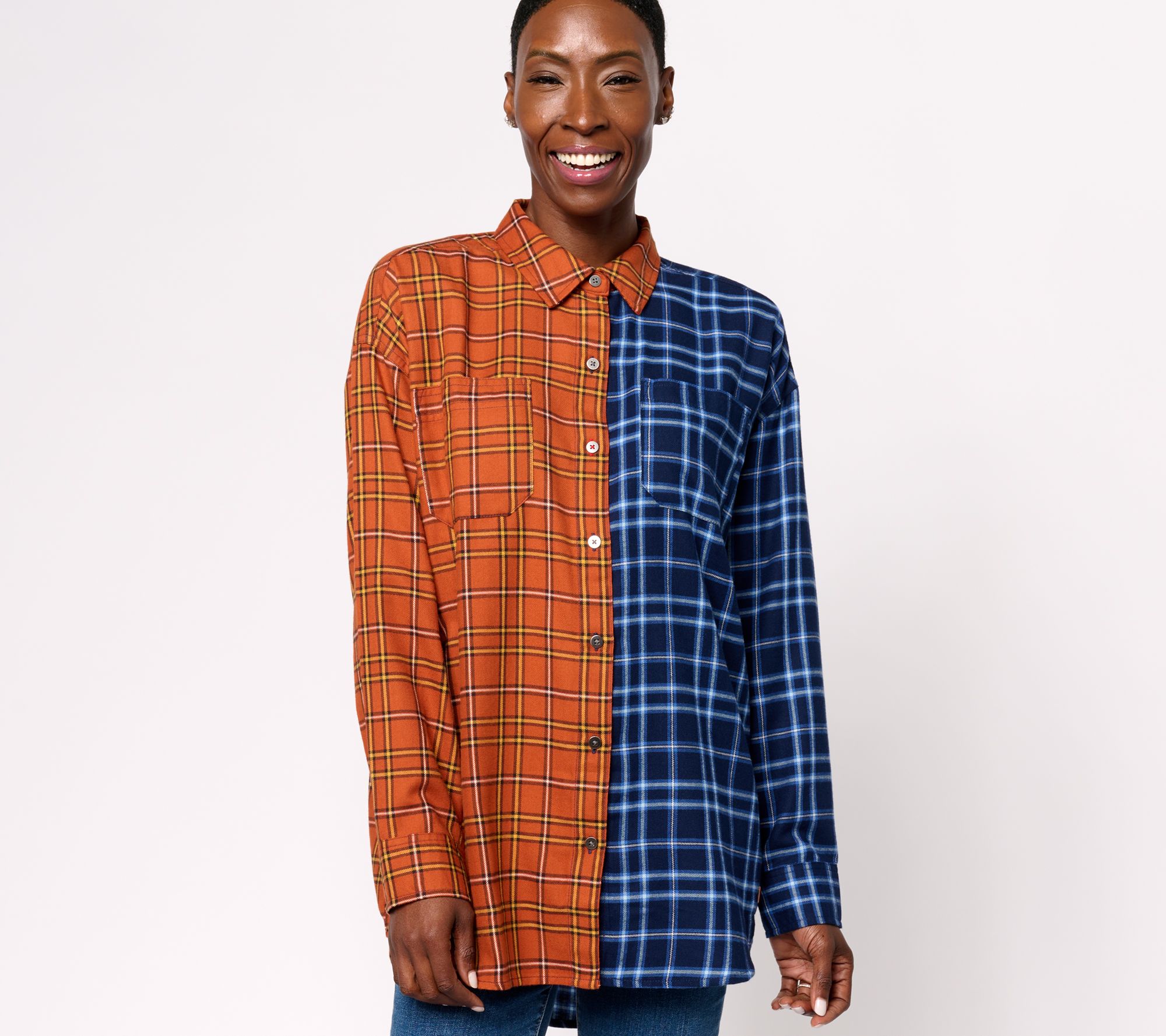 Peace Love World Button Front Plaid Shirt, Size XX-Small, Copper/Navy