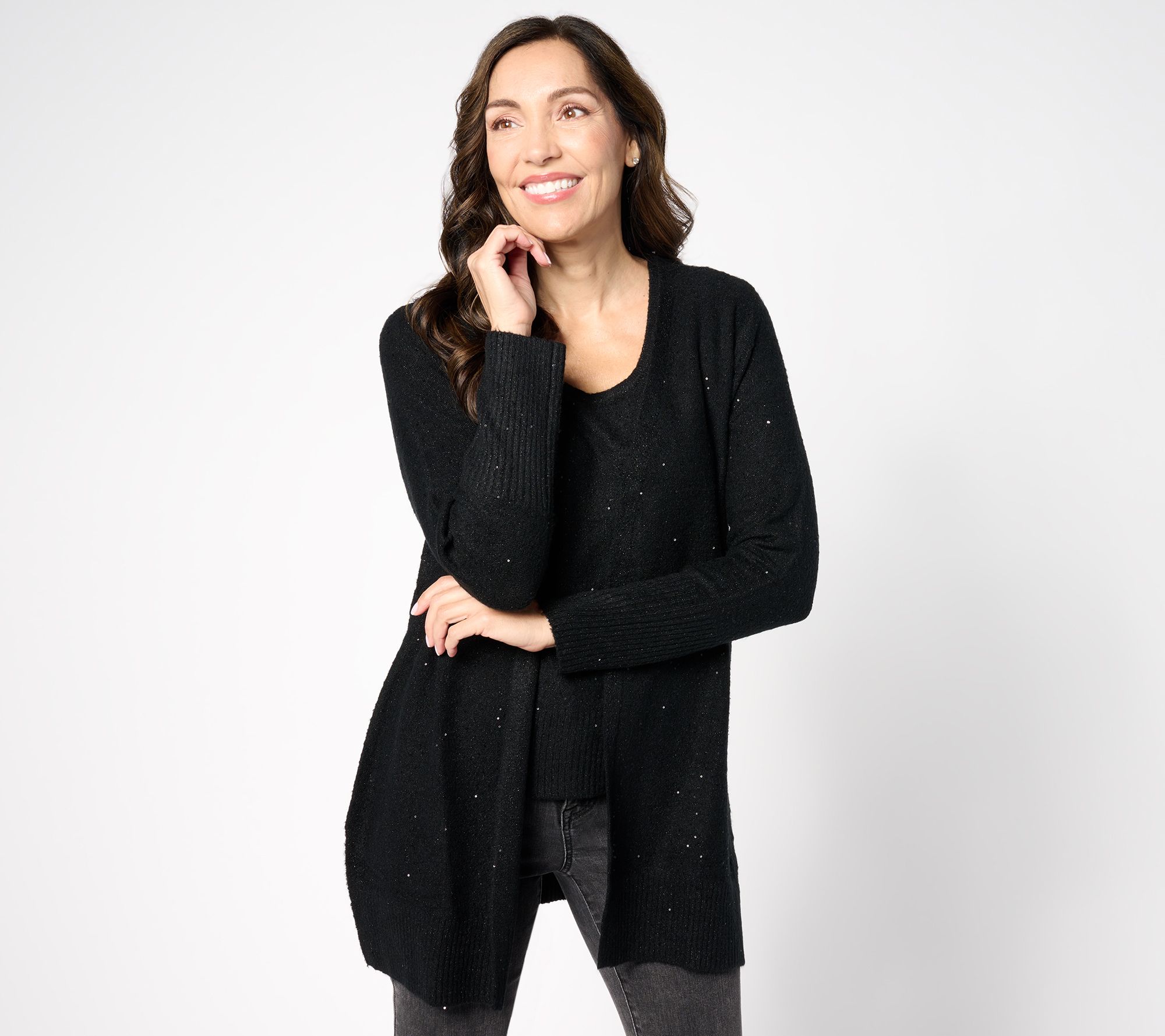 Isaac Mizrahi Live! Regular Sequin Yarn Open Front Duster Cardigan