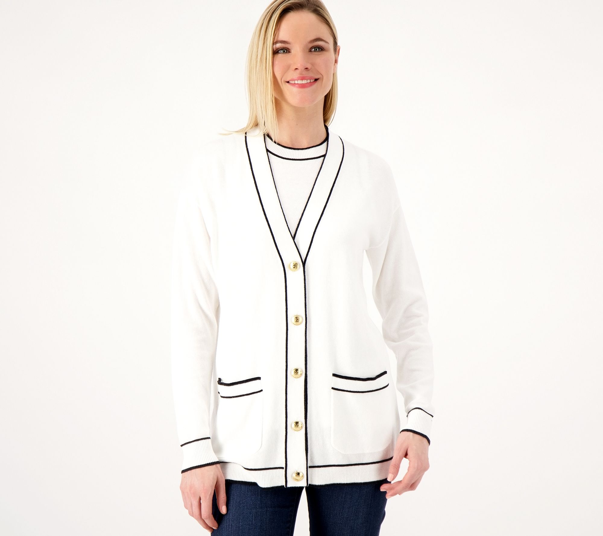 "As Is" Isaac Mizzrahi Live Relaxed Sweater Cardigan with Tipped Trim