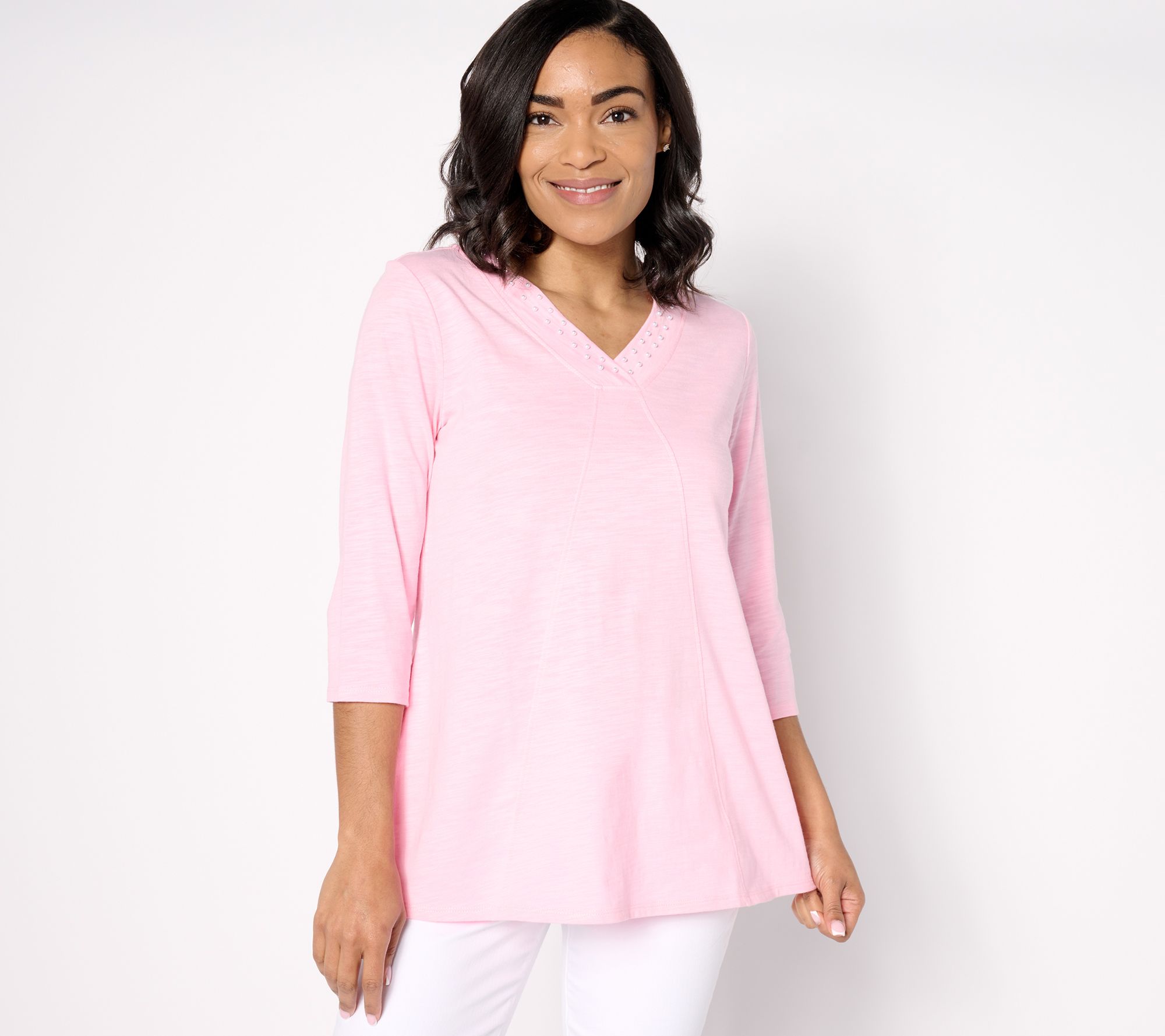 Quacker Factory Mini Pearls 3/4 Sleeve Swing Top