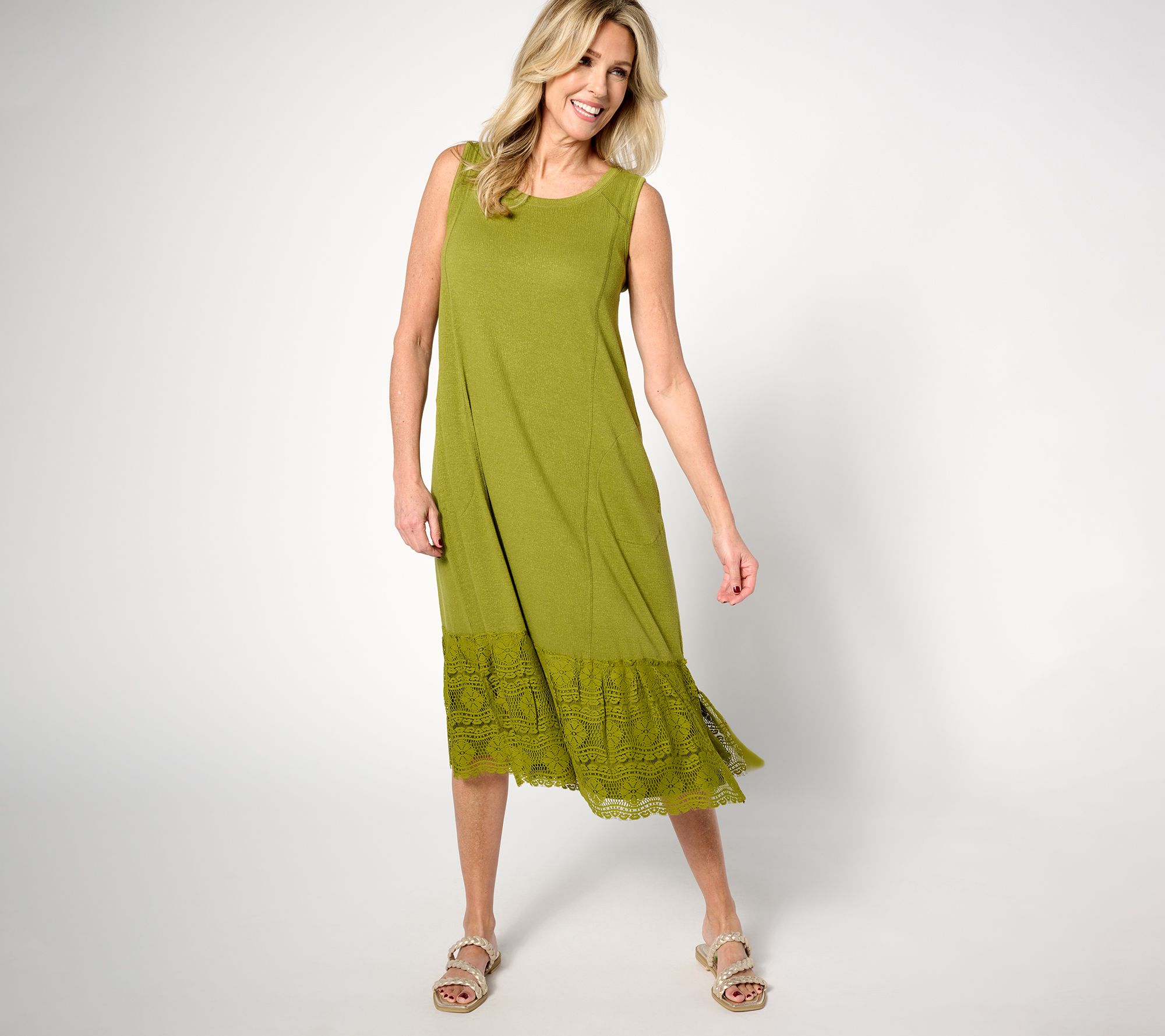 LOGO Linens by Lori Goldstein Sleeveless Knit Dress with Crochet Lace - QVC .com