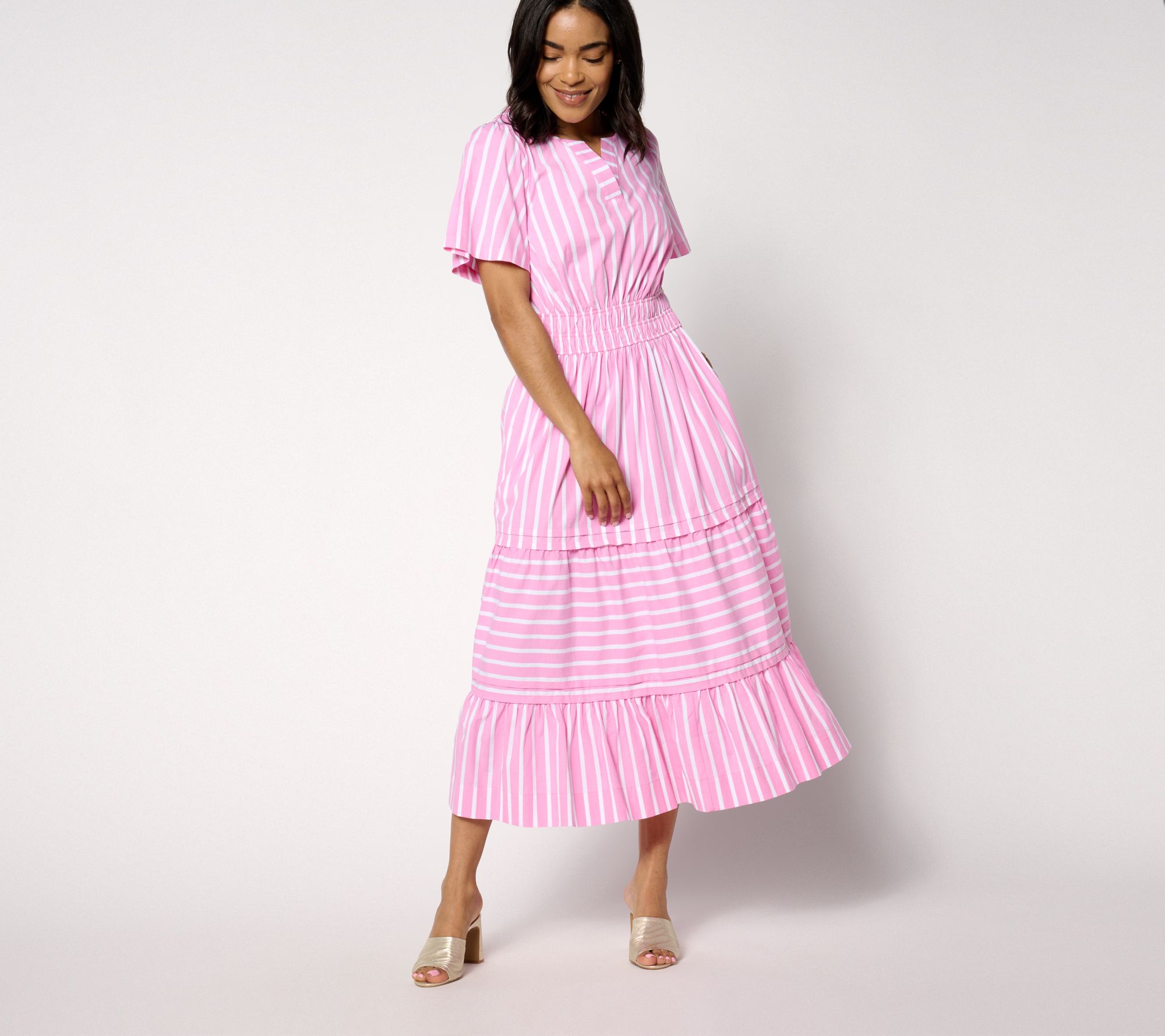 Isaac Mizrahi Live! Petite Yarn Dye Stripe Poplin Maxi Dress