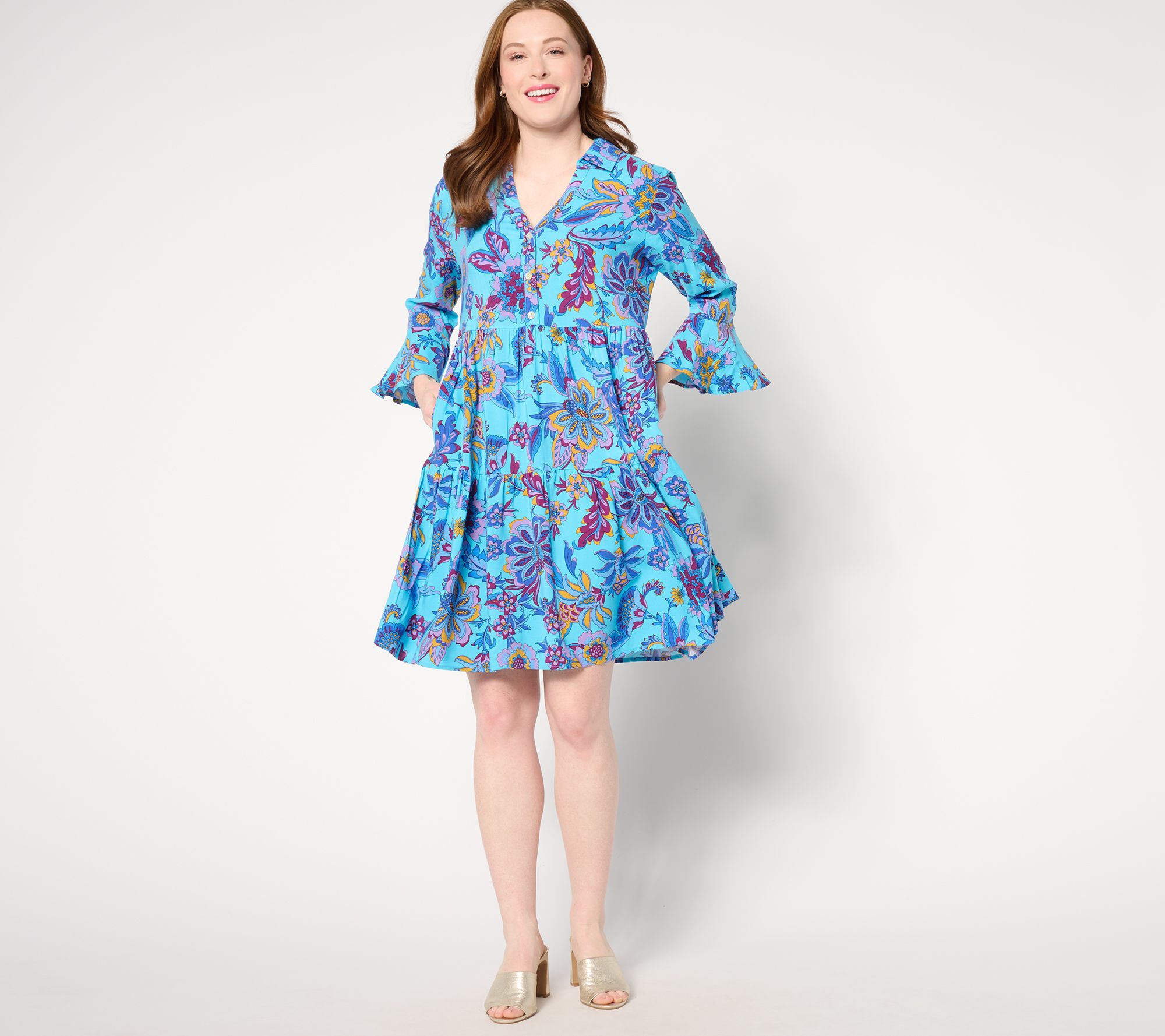 Susan Graver Passport Regular Print or Solid Woven Tiered Dress