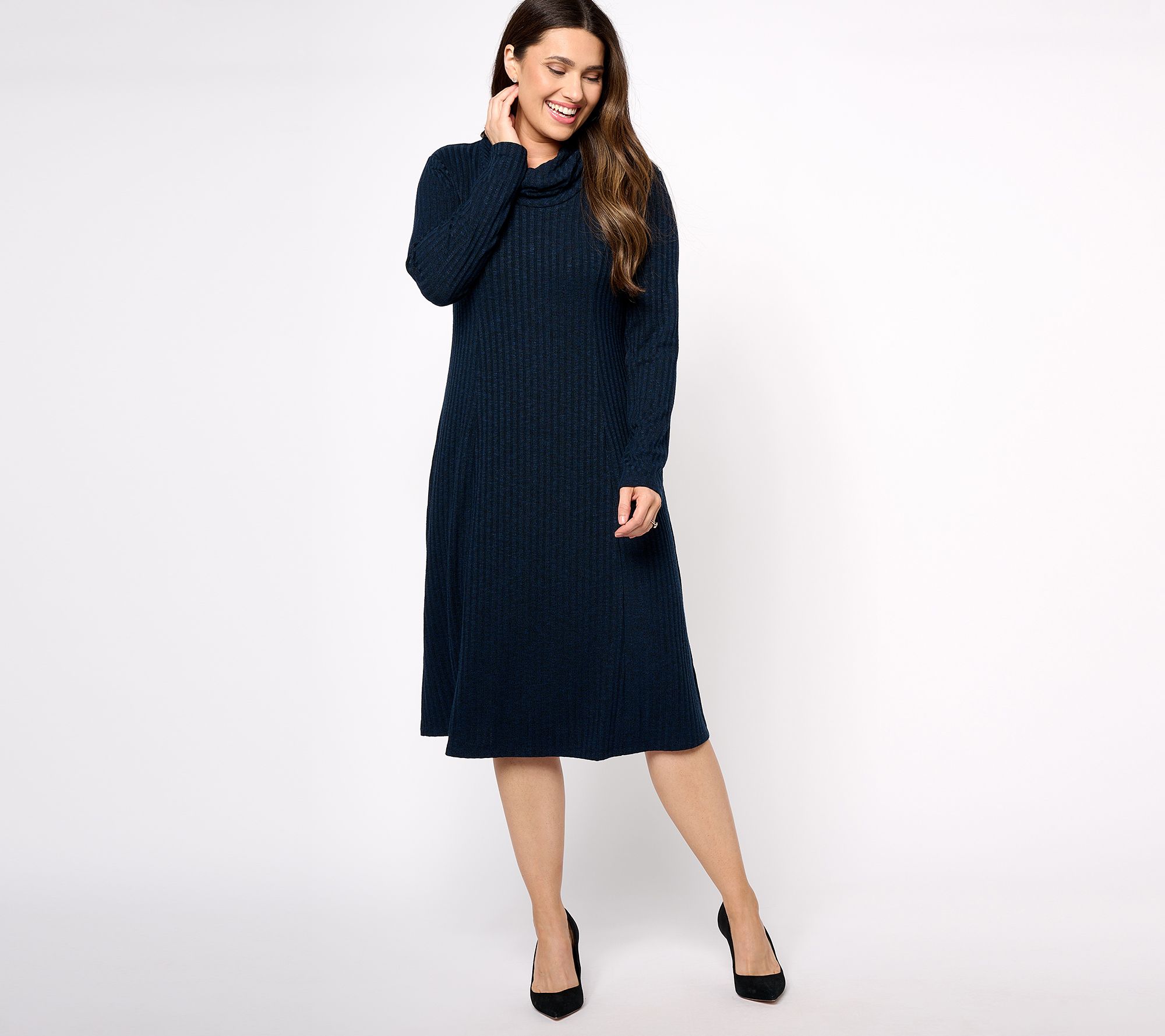 "As Is" Susan Graver Petite Ribbed Sweater Knit Cowl Neck Midi Dress