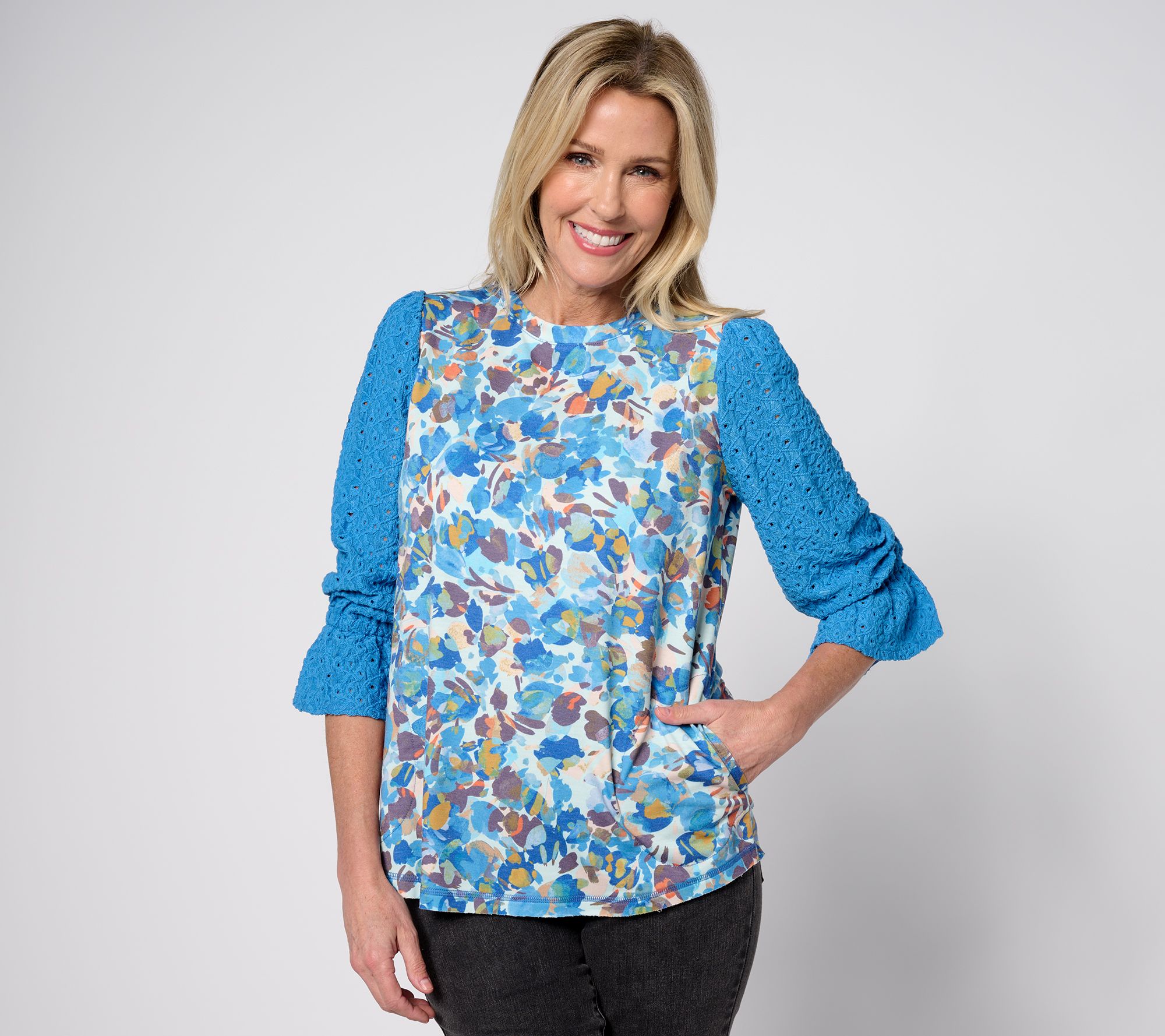 "As Is" LOGO by Lori Goldstein 3/4 Sleeve Crew Lace Sleeve Top