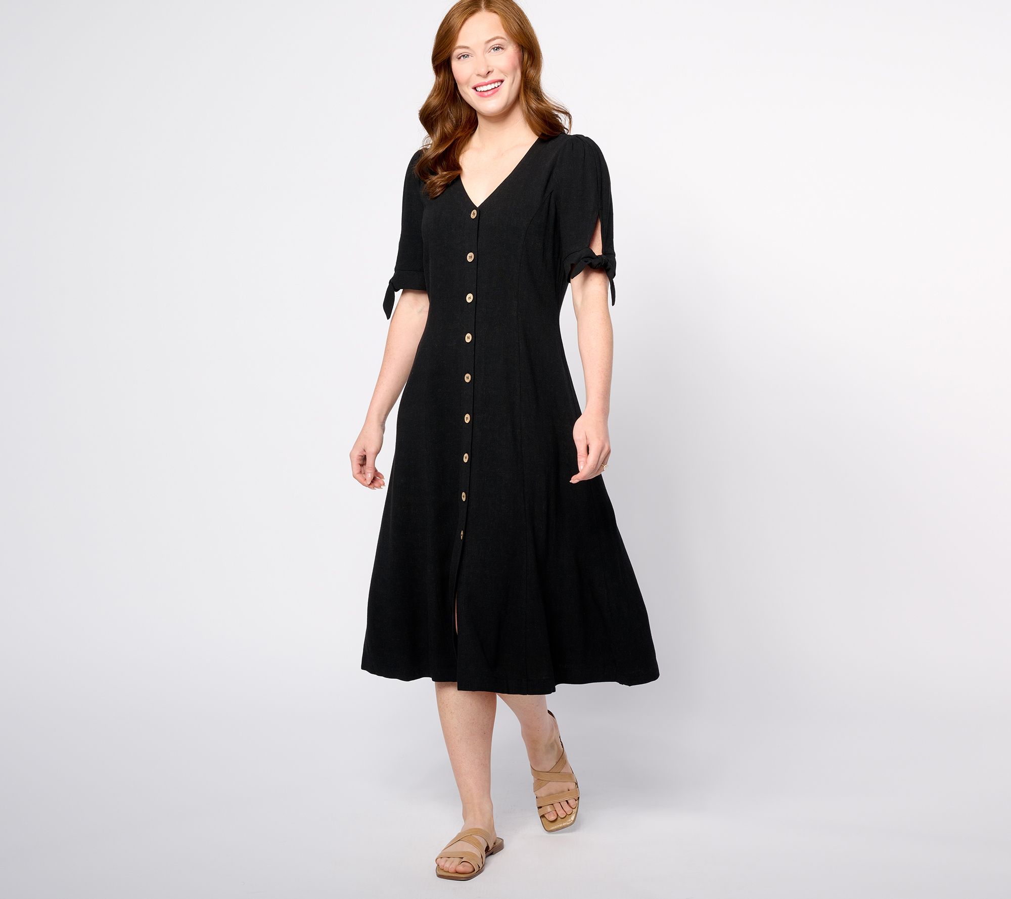"As Is" Susan Graver Regular PURE Linen Blend Tie- Sleeve Dress