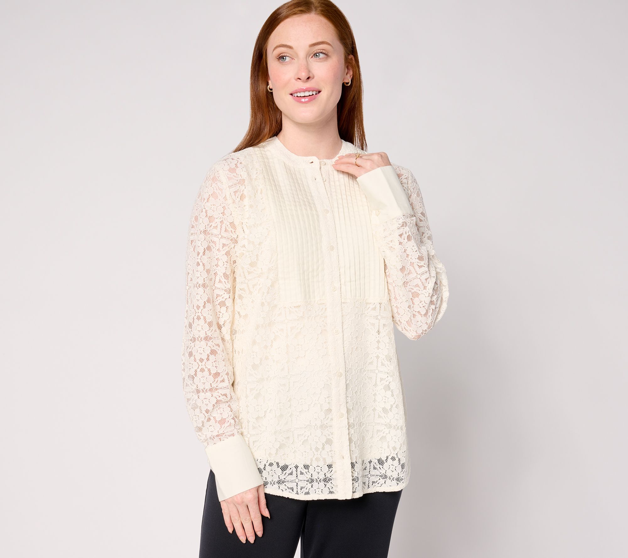 BEAUTIFUL by Lawrence Zarian Button Front Lace Shirt with Knit Tank