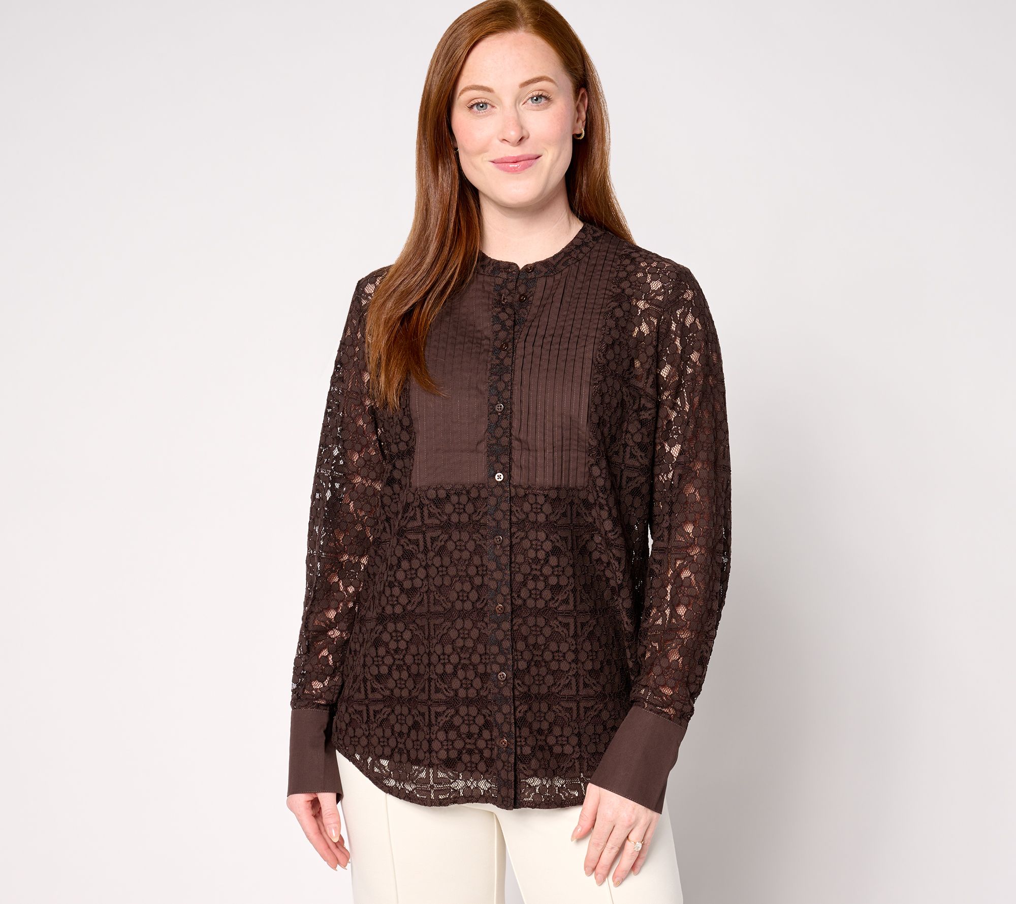 BEAUTIFUL by Lawrence Zarian Button Front Lace Shirt with Knit Tank