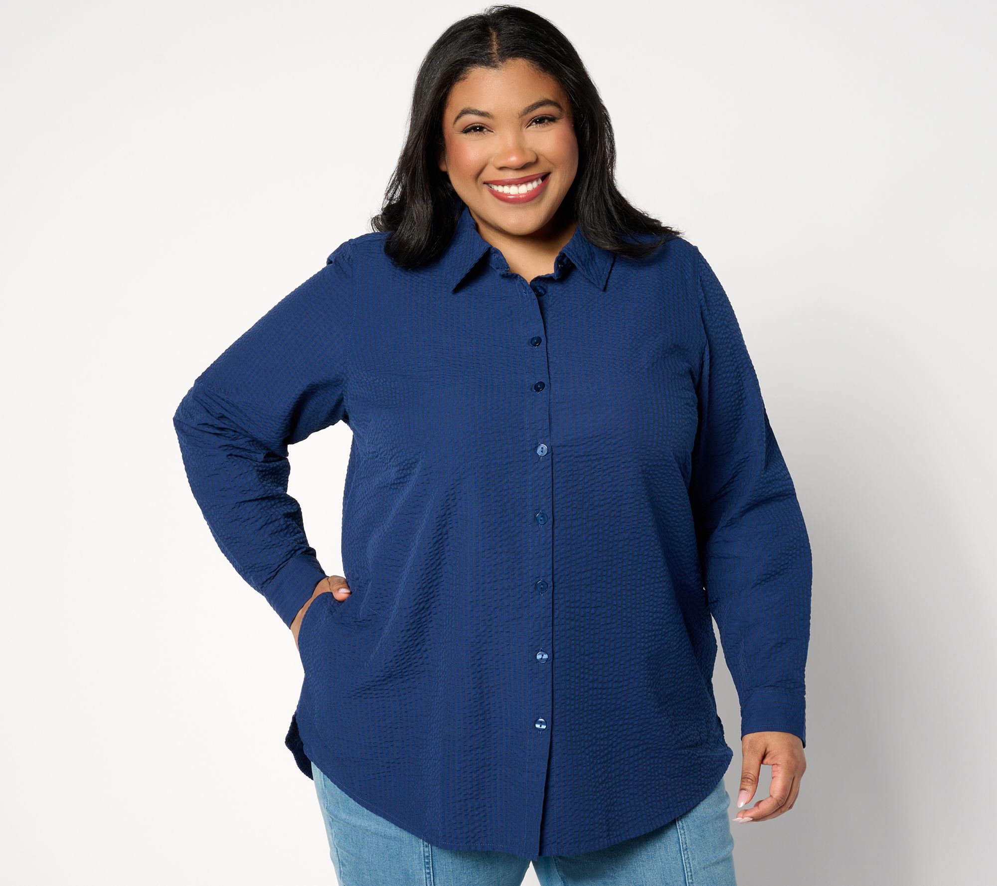 "As Is" Joan Rivers Petite Seersucker Button Front Shirt