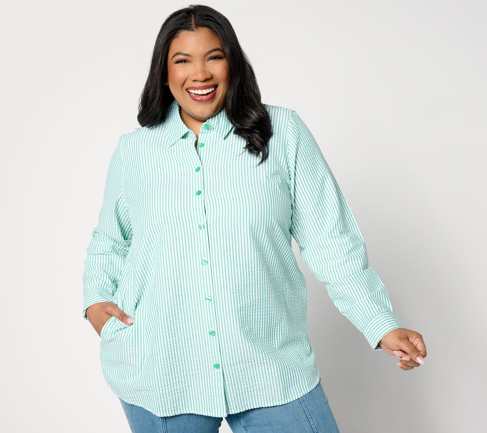 "As Is" Joan Rivers Petite Seersucker Button Front Shirt