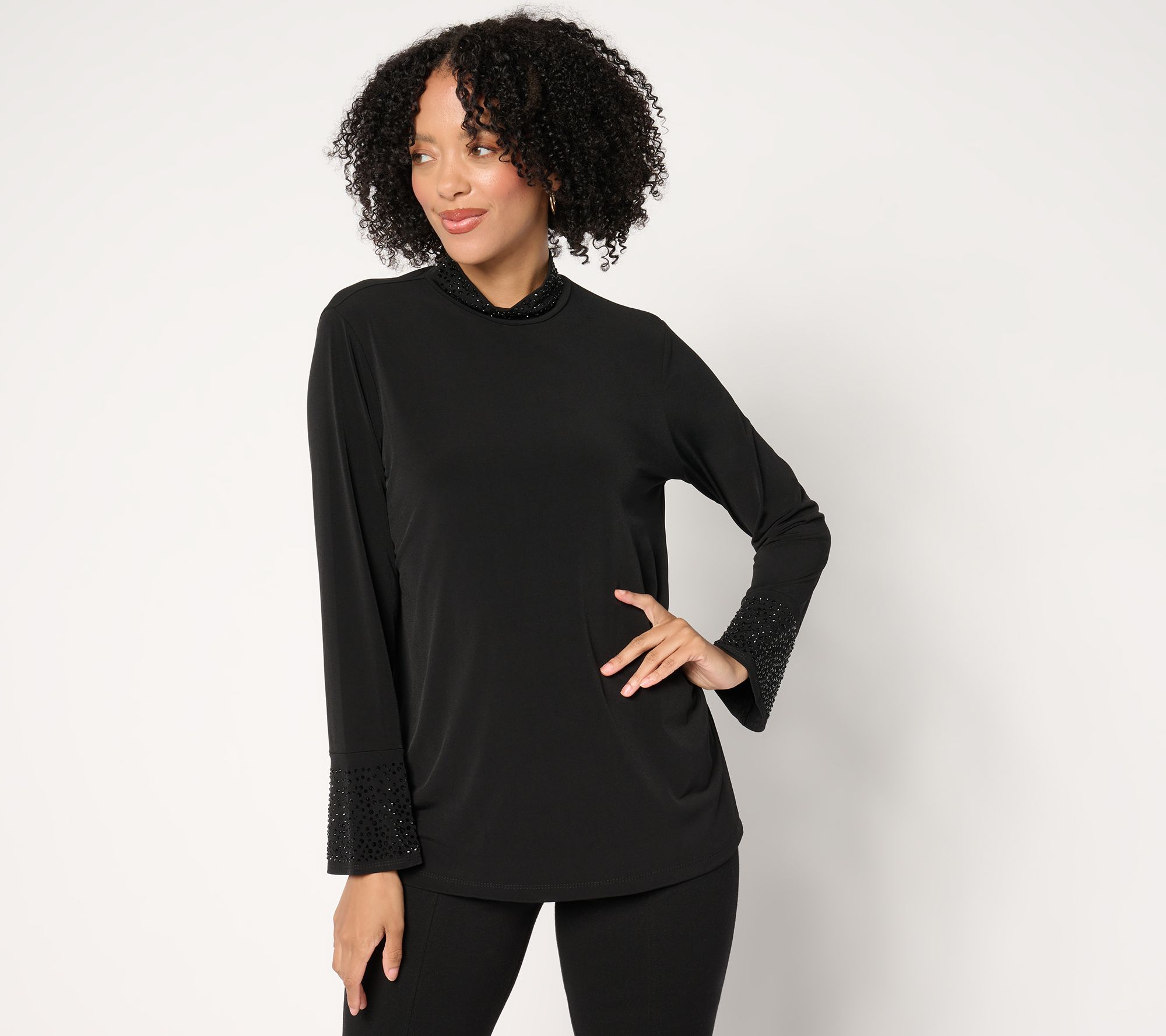 Susan Graver Occasions Liquid Knit Embellished Mock-Neck Top