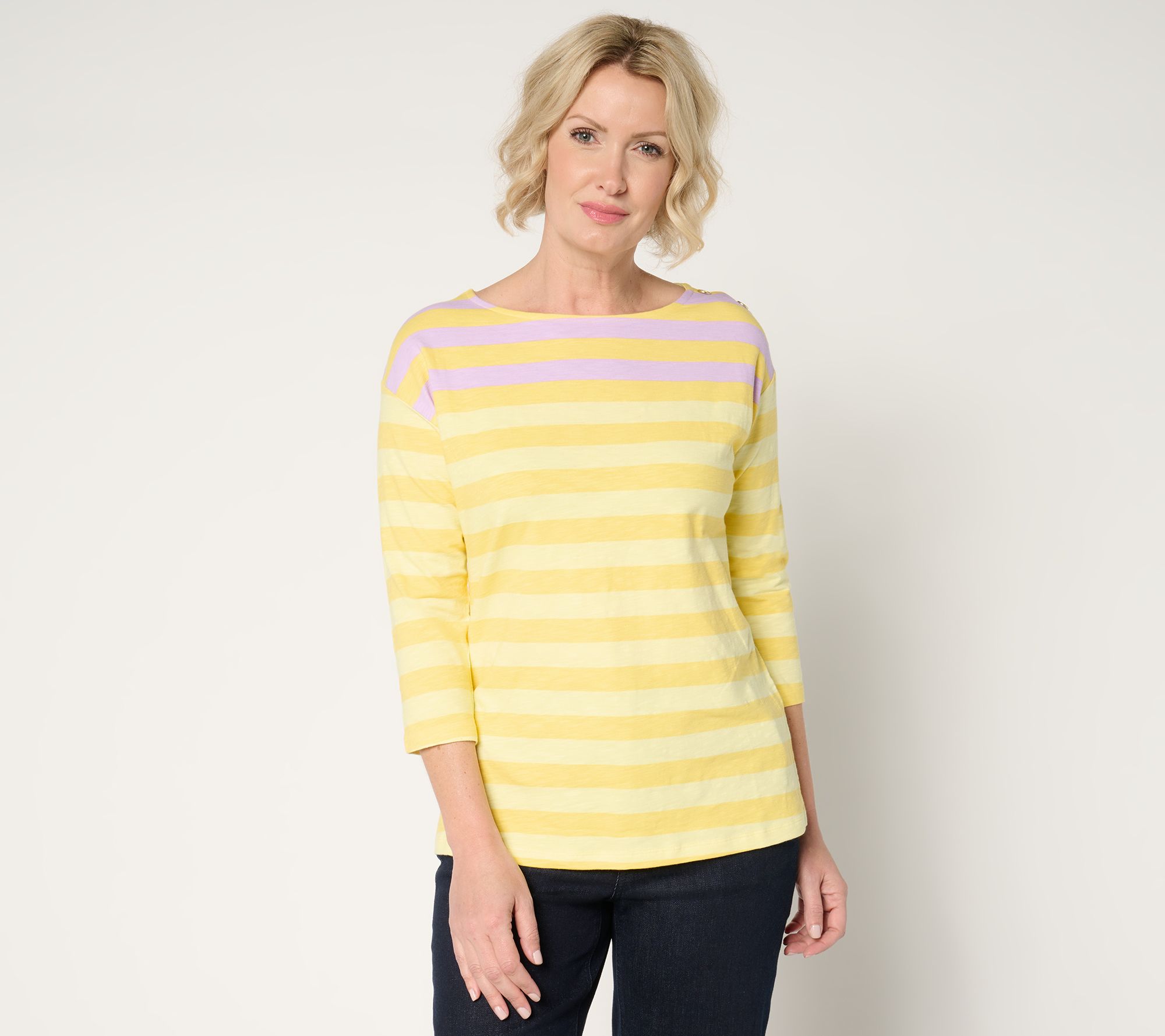 Denim & Co. Texture Knit Striped or Solid Top with Button Detail