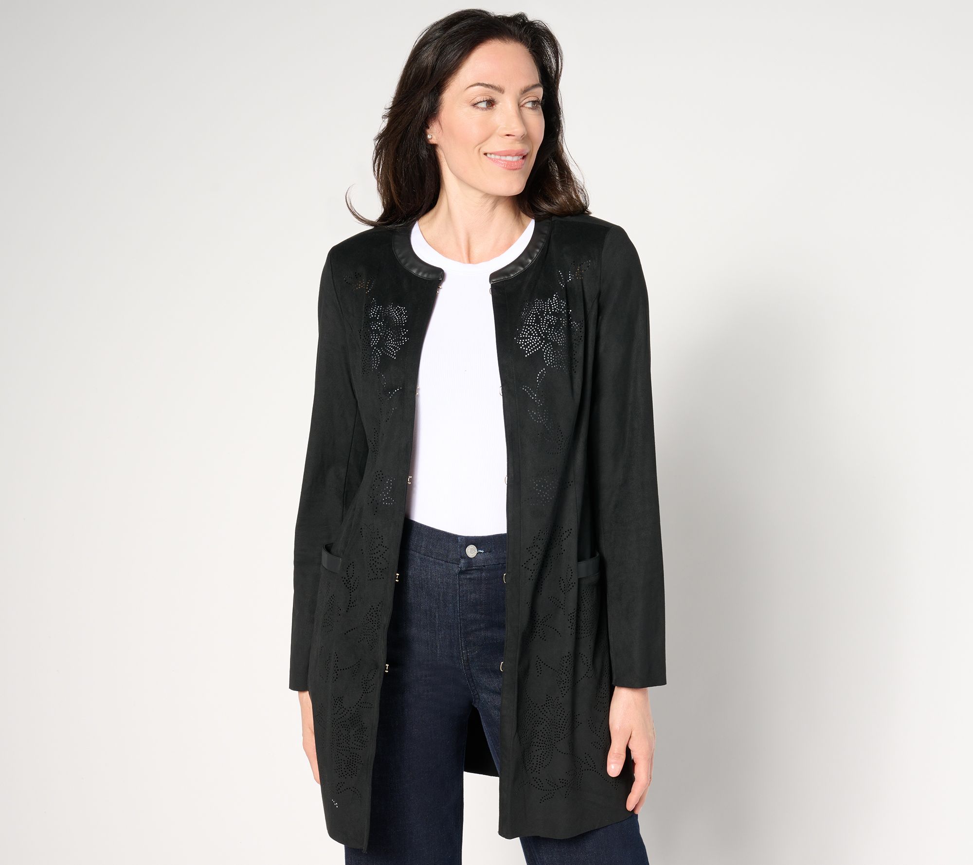 "As Is" Isaac Mizrahi Live! Reg Peforated Faux Suede Open Front Topper