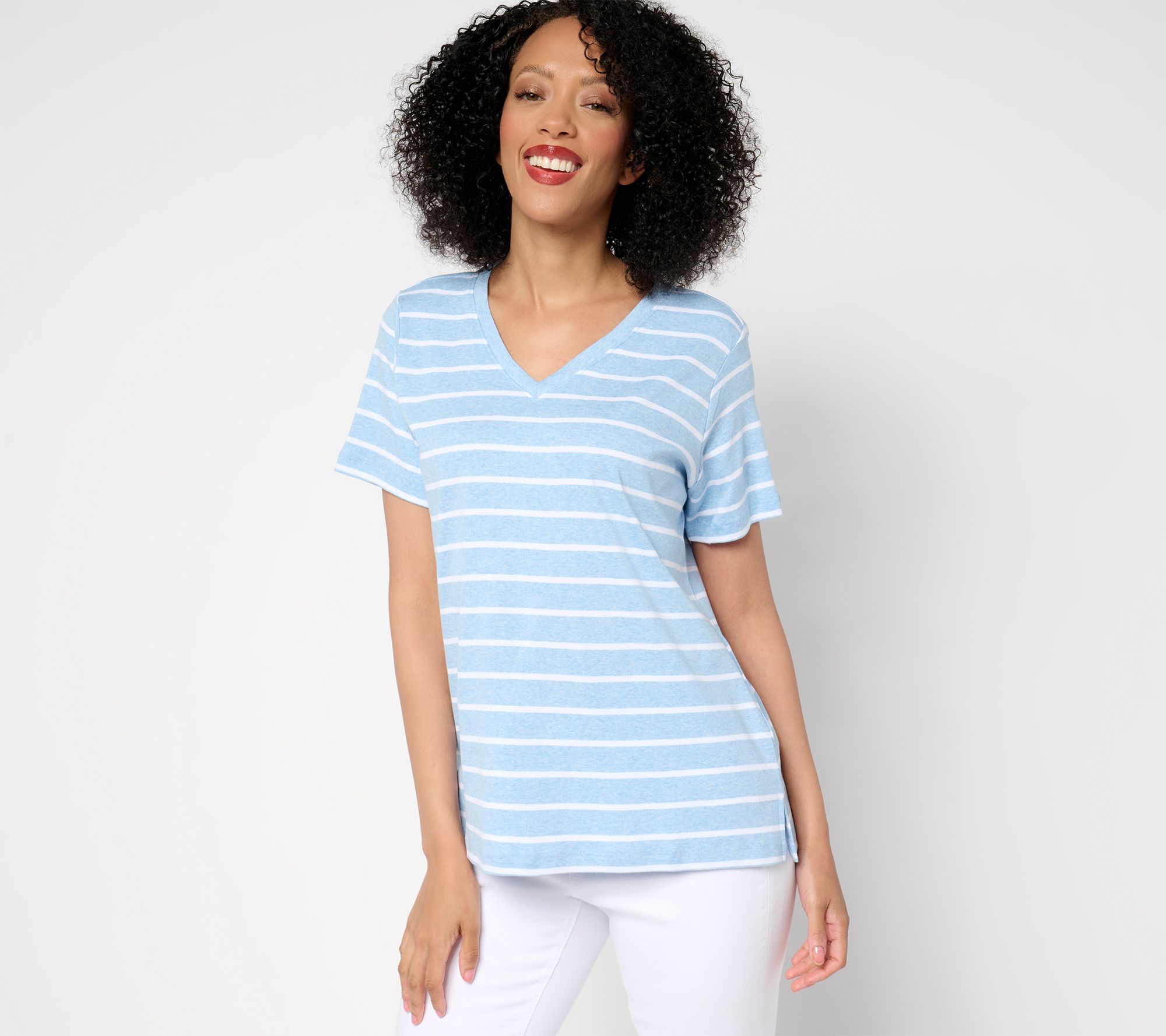 Belle by Kim Gravel V Neck 100% Cotton Heather Stripe Top