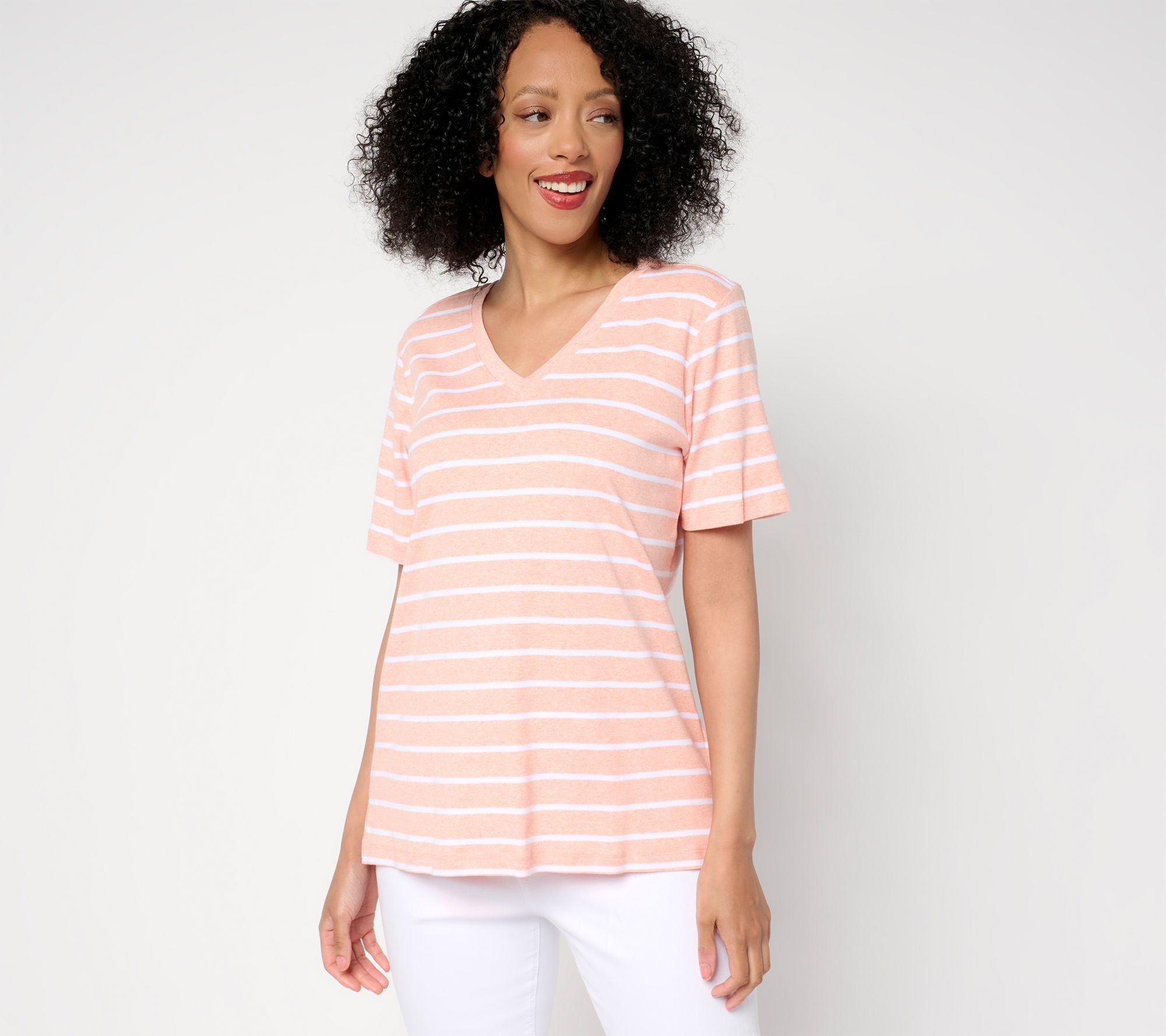 Belle by Kim Gravel V Neck 100% Cotton Heather Stripe Top