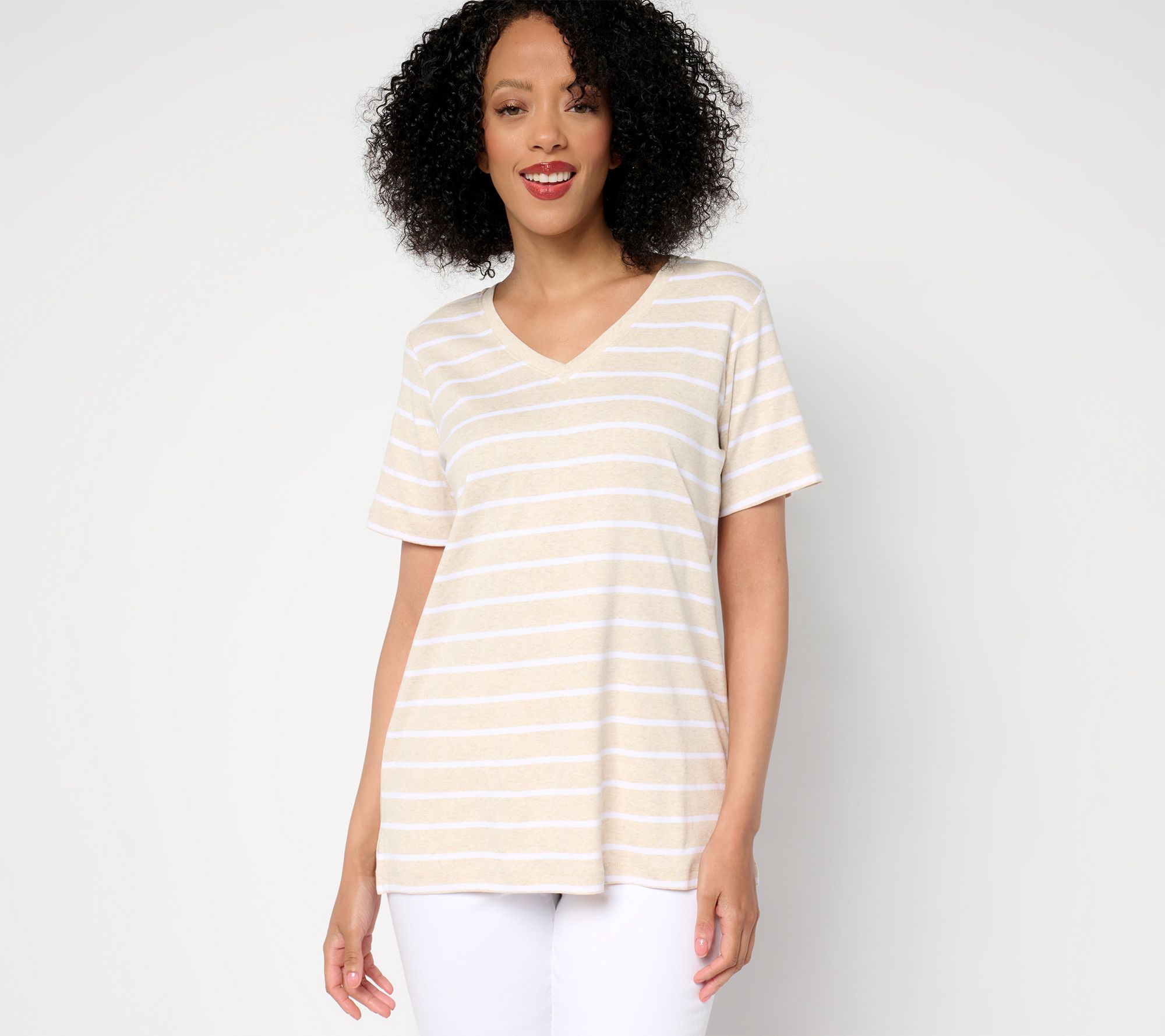 Belle by Kim Gravel V Neck 100% Cotton Heather Stripe Top