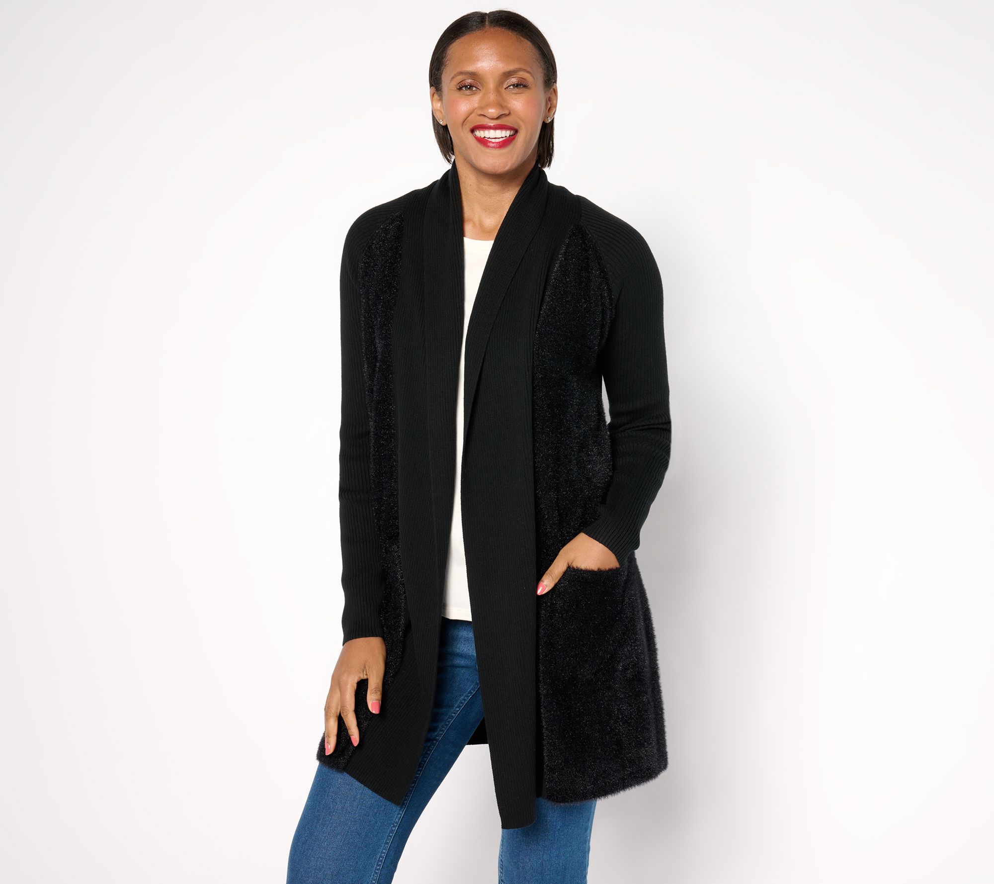 "As Is" Susan Graver Regular Mixed Media Sweater Cardigan