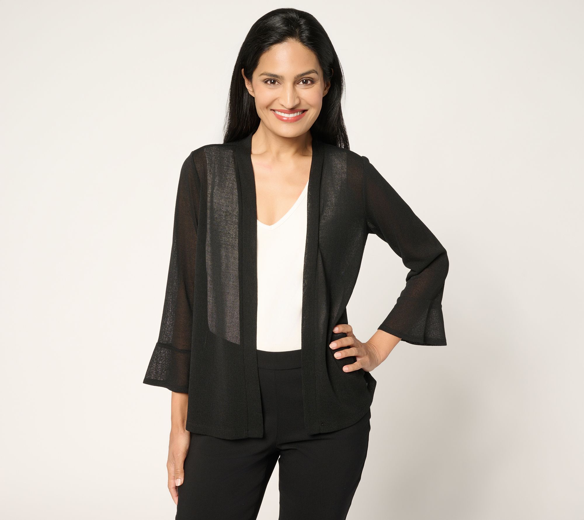 Susan Graver Novelty Knit Open Front 3/4 Flounce Sleeve Cardigan