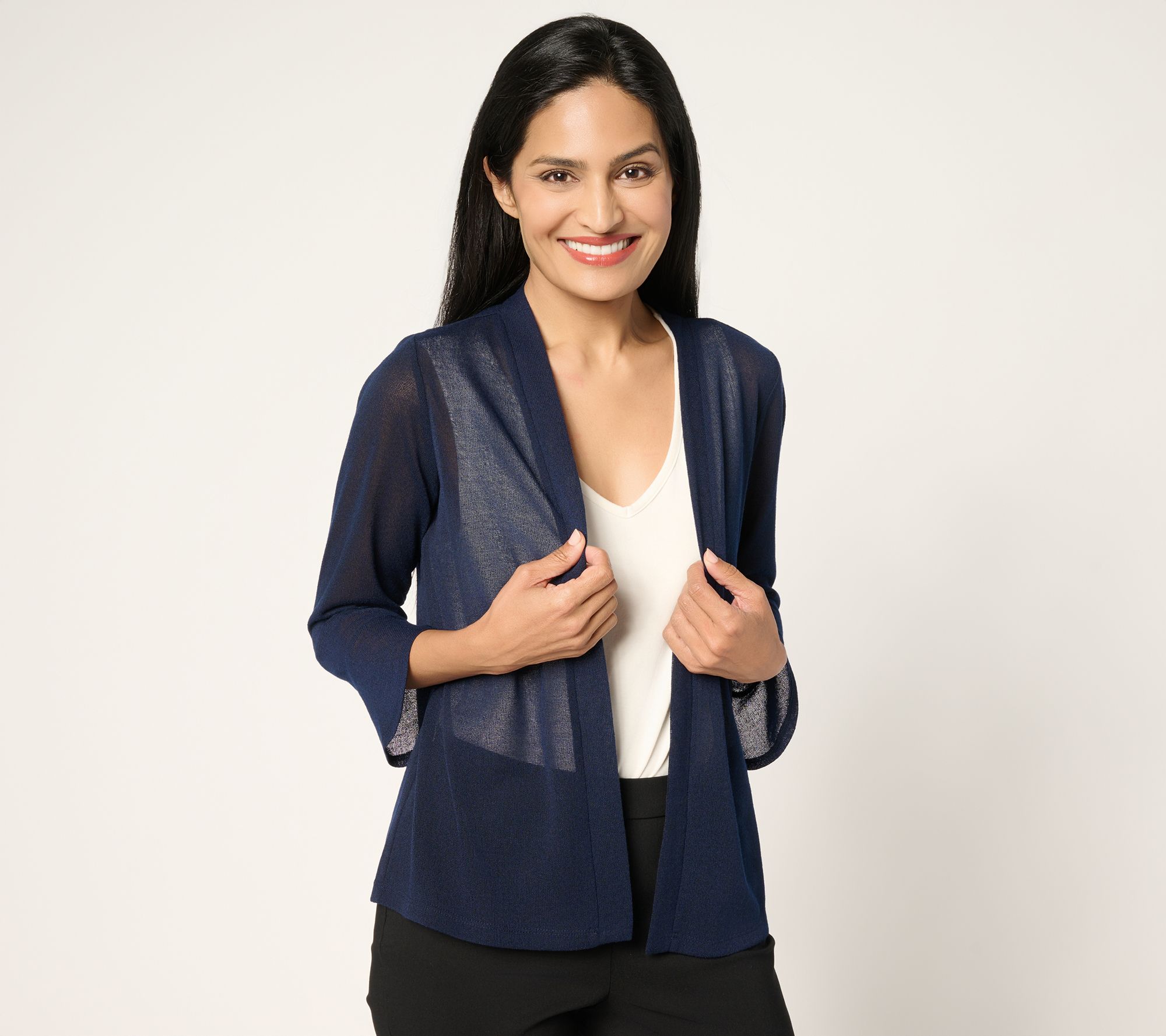 Susan Graver Novelty Knit Open Front 3/4 Flounce Sleeve Cardigan