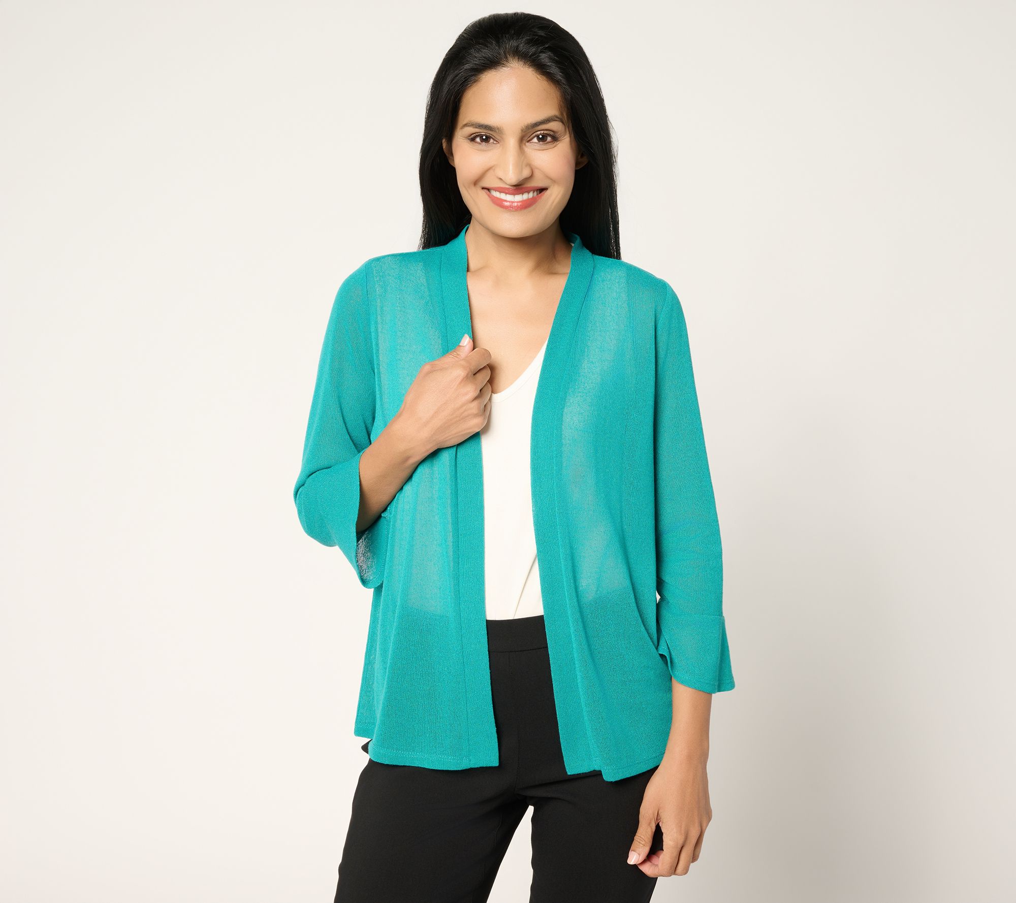 Susan Graver Novelty Knit Open Front 3/4 Flounce Sleeve Cardigan
