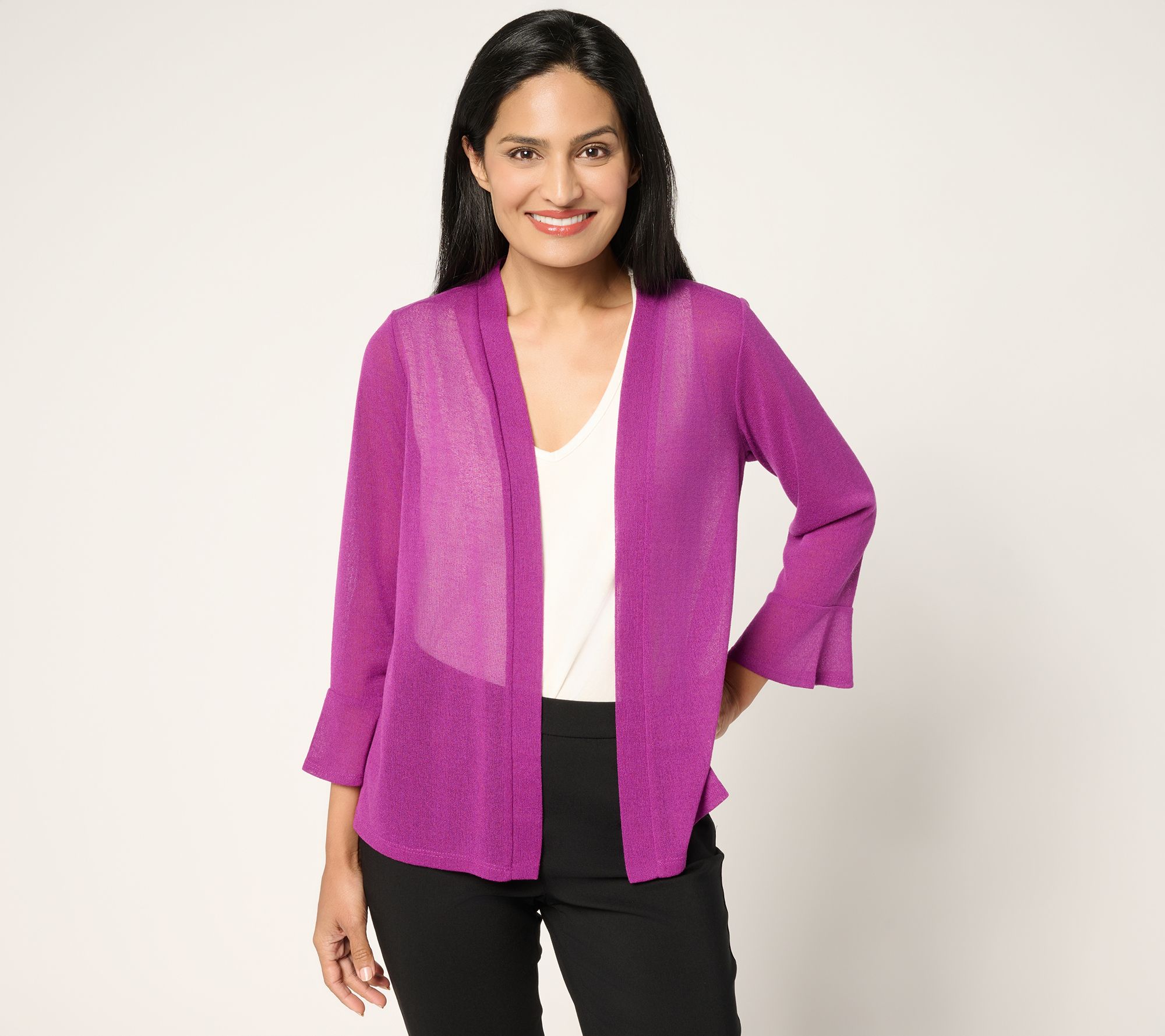Susan Graver Novelty Knit Open Front 3/4 Flounce Sleeve Cardigan