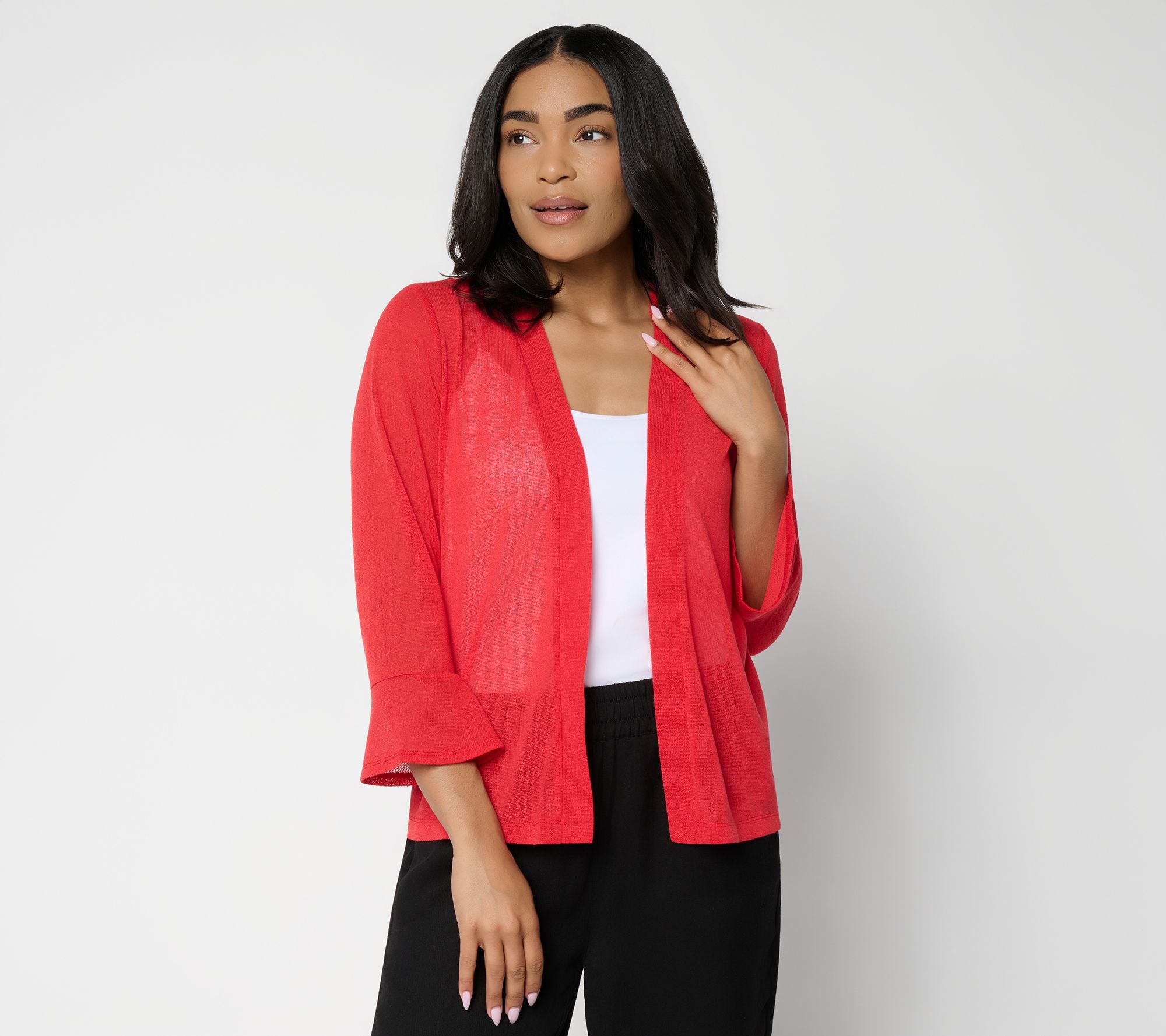 Susan Graver Novelty Knit Open Front 3/4 Flounce Sleeve Cardigan