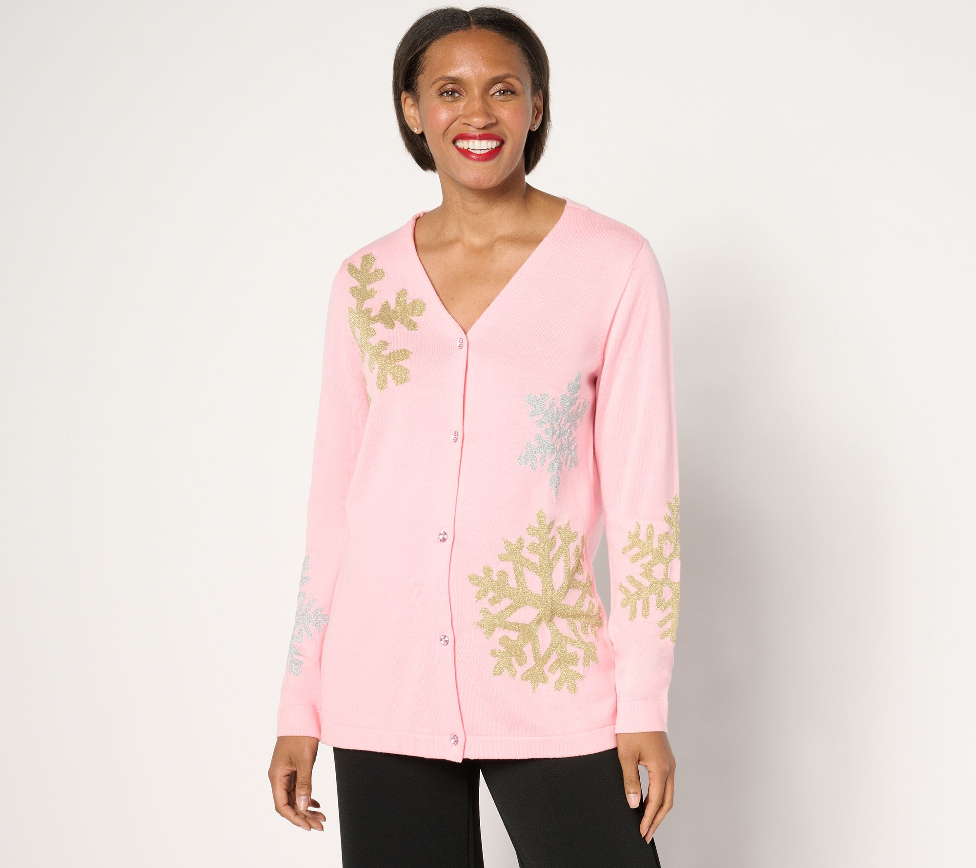 "As Is" Quacker Factory Snow Day V-Neck Intarsia Sweater Cardi