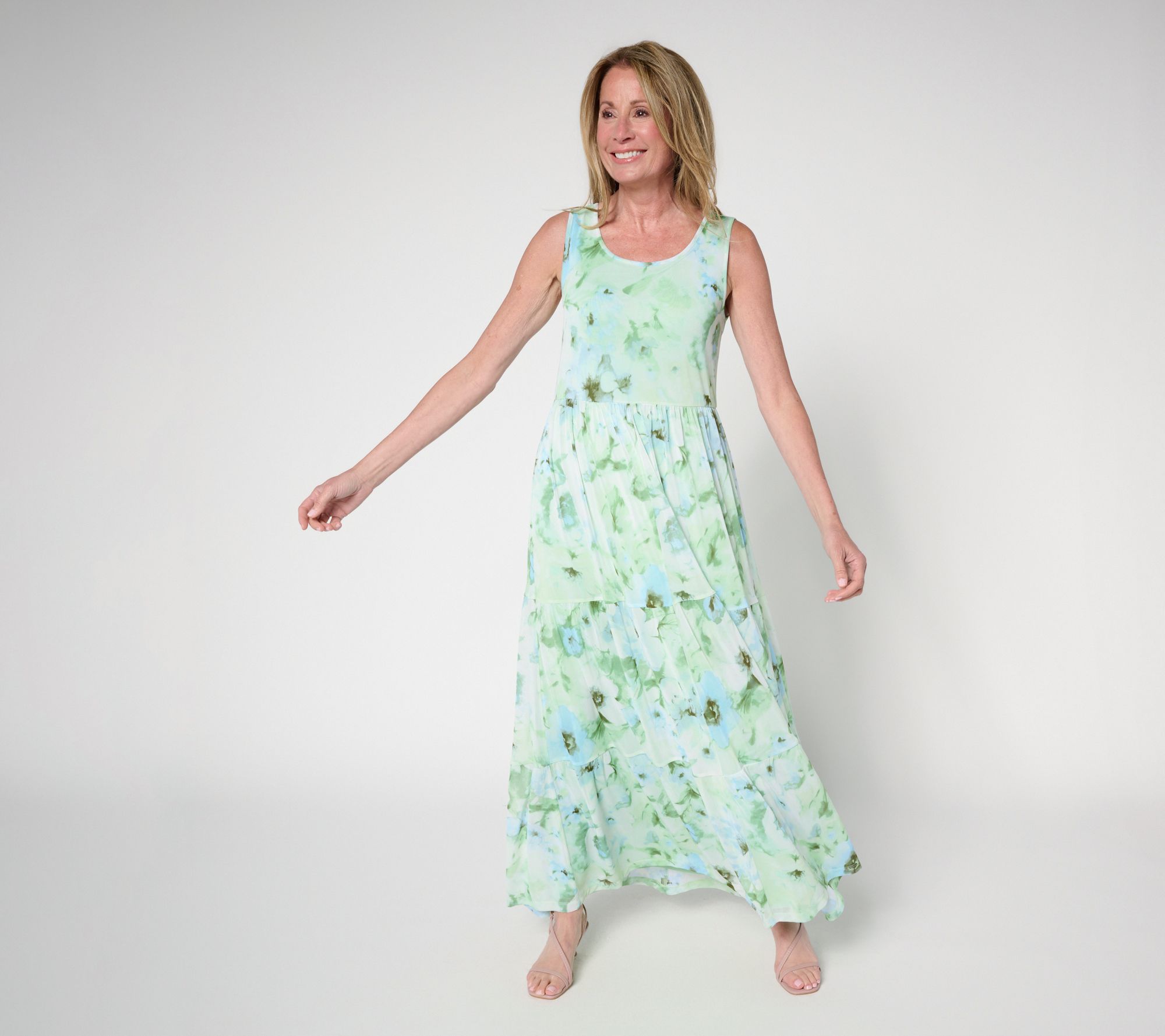 Susan Graver Petite Printed Mesh Tiered Sleeveless Dress