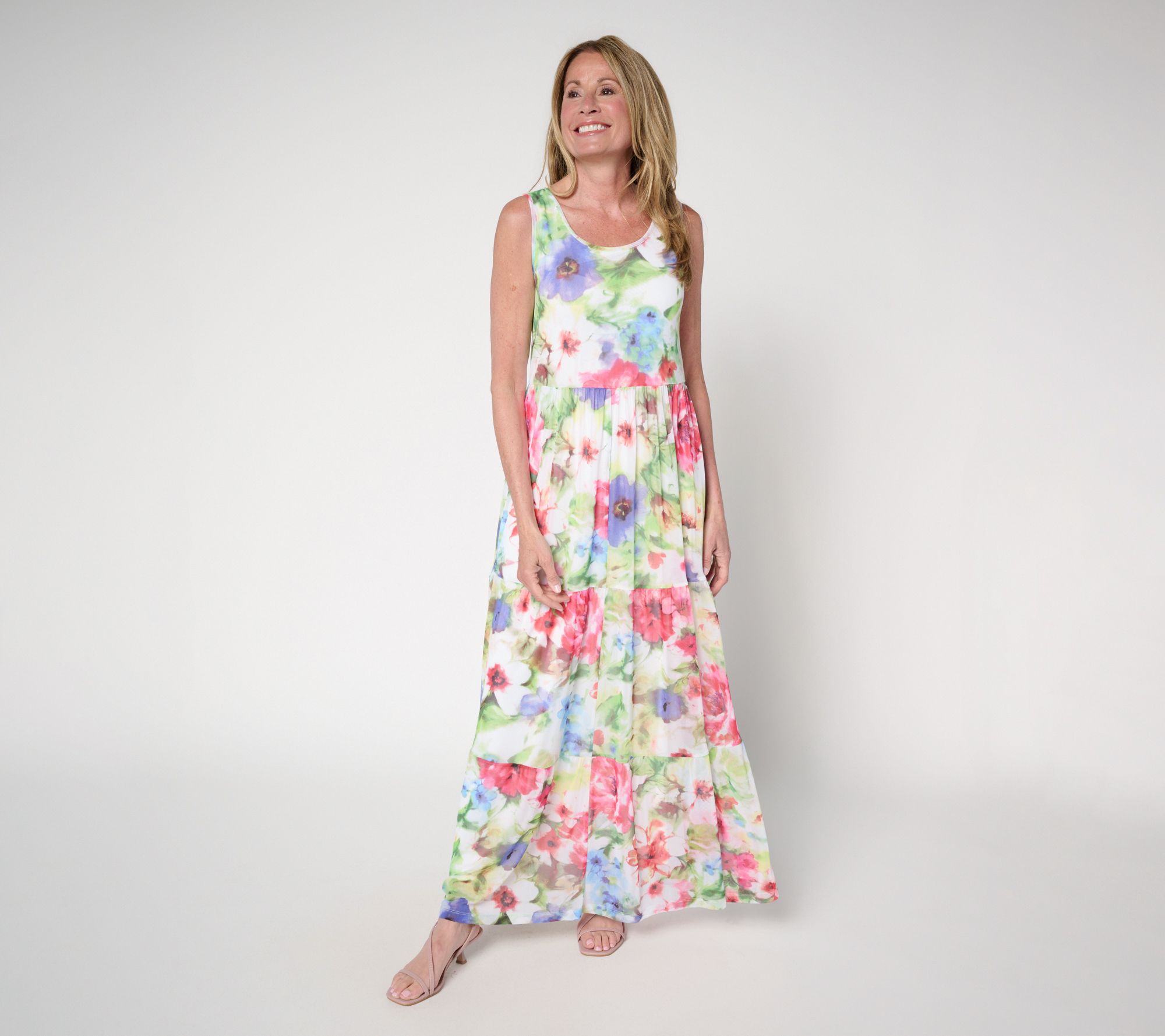 Susan Graver Petite Printed Mesh Tiered Sleeveless Dress