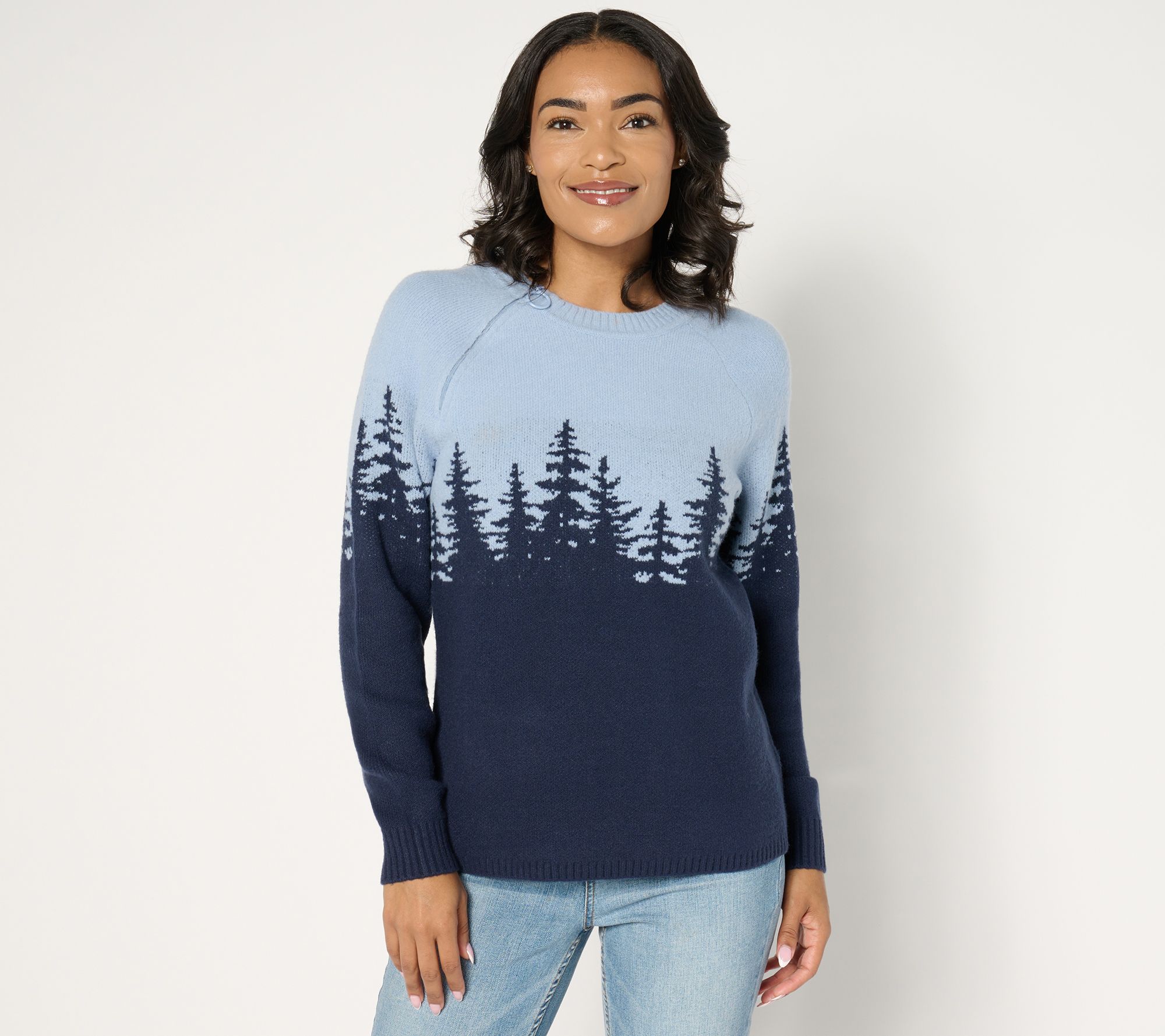 "As Is" Denim & Co. Adaptive Crew Neck Long Sleeve Scenic Sweater