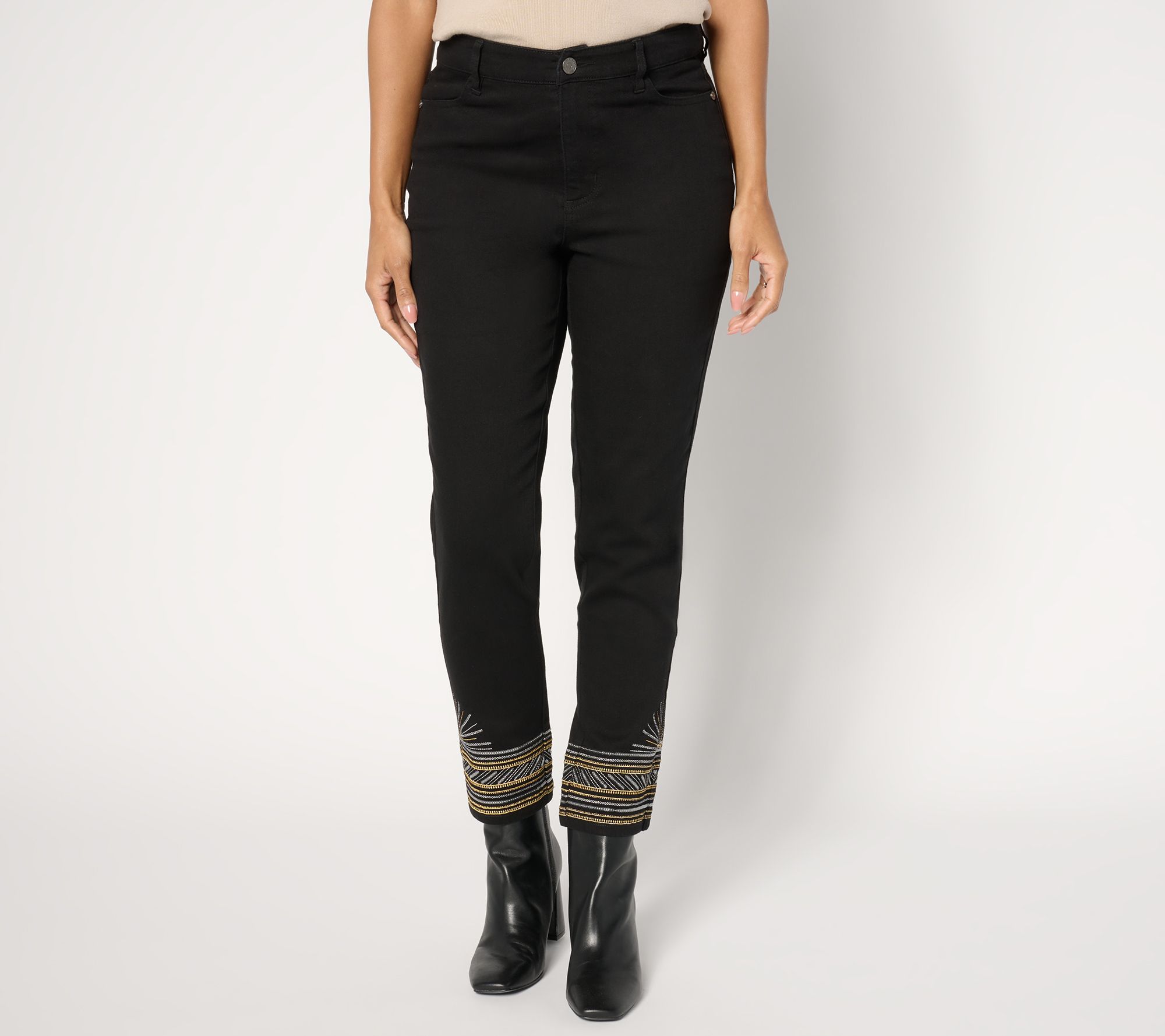 "As Is" Susan Graver Regular Embellished Hem Straight Leg Jean- Black