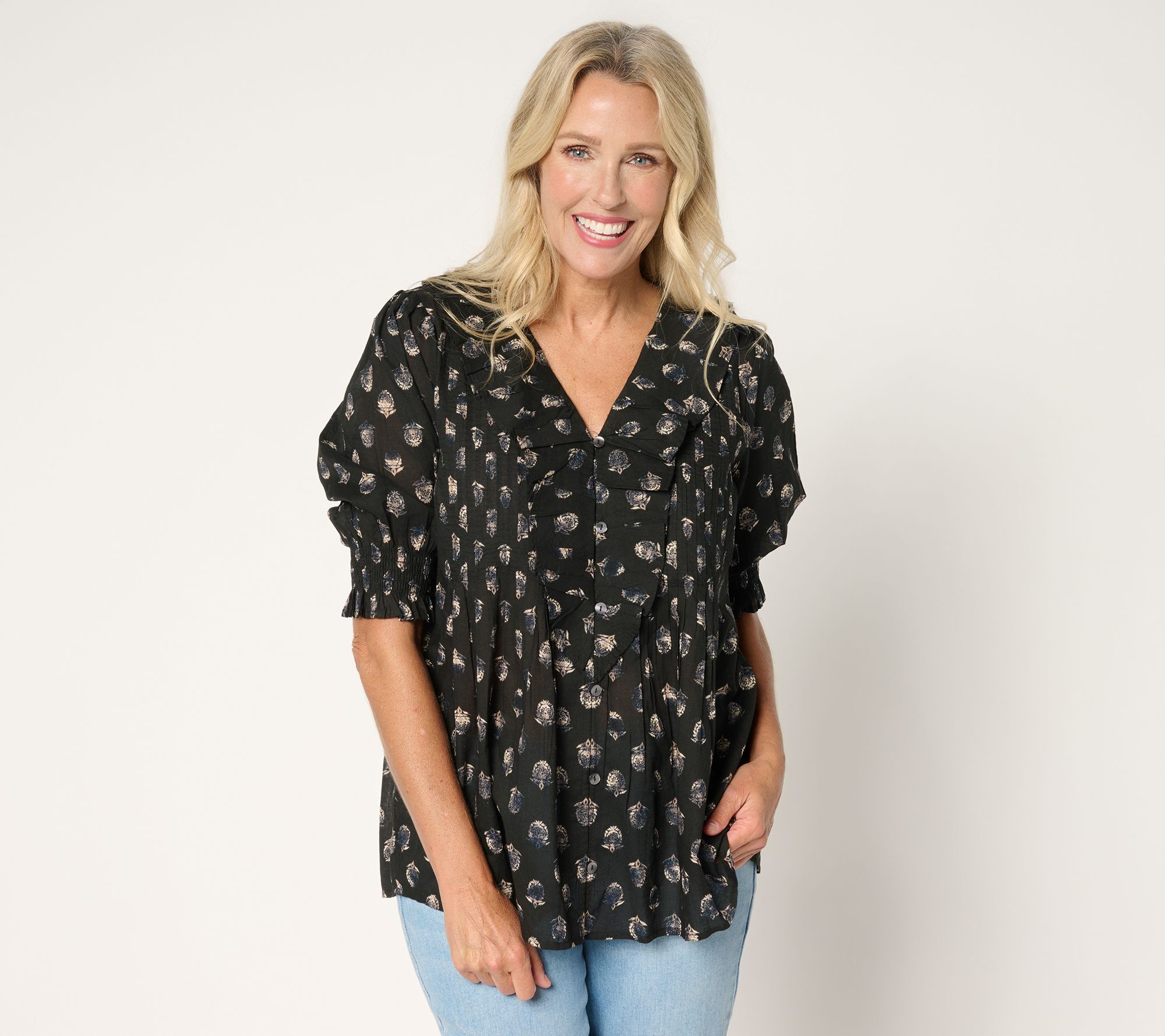 Ree by The Pioneer Woman Printed 100% Cotton Ruffle Front Blouse