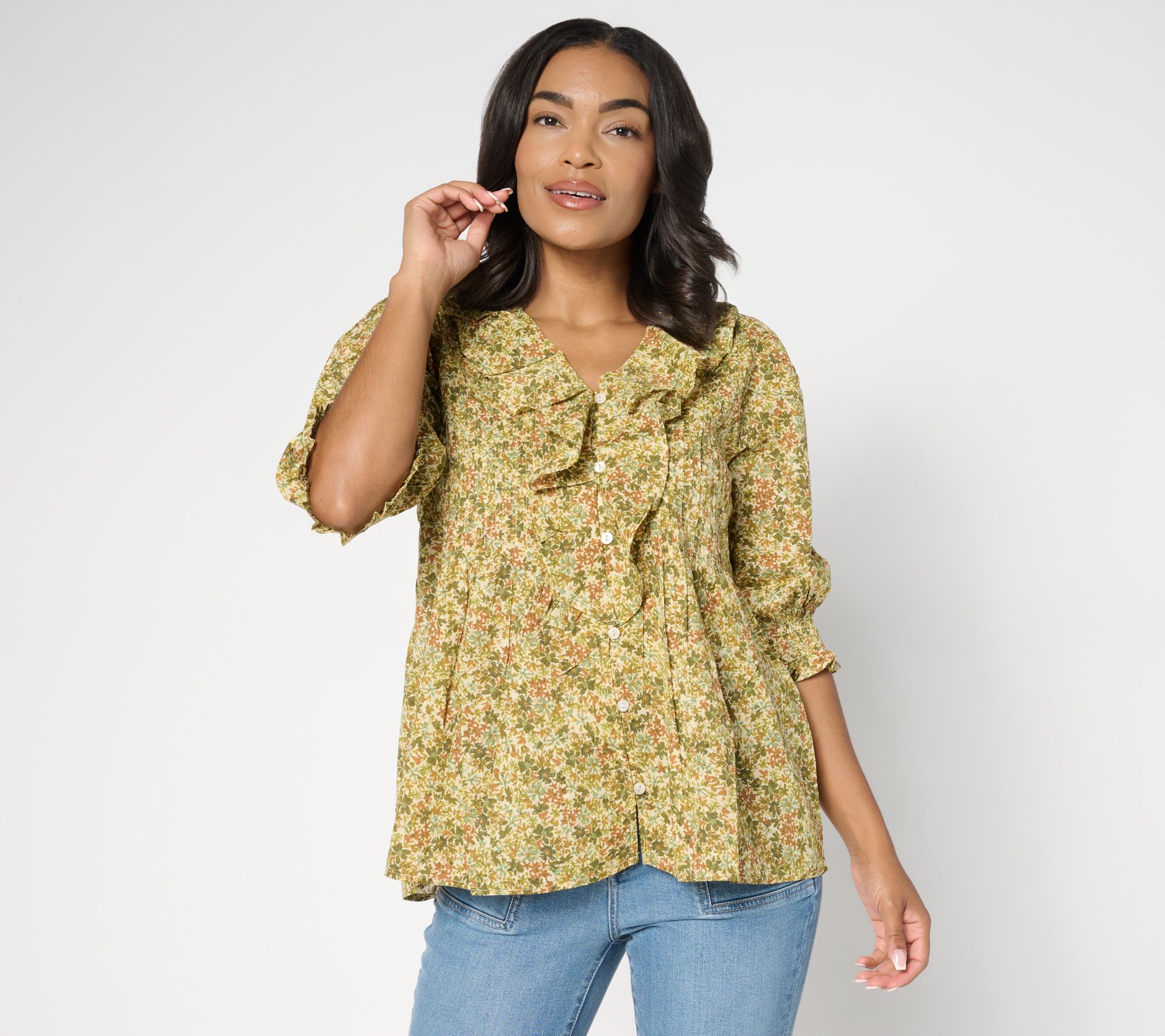Ree by The Pioneer Woman Printed 100% Cotton Ruffle Front Blouse