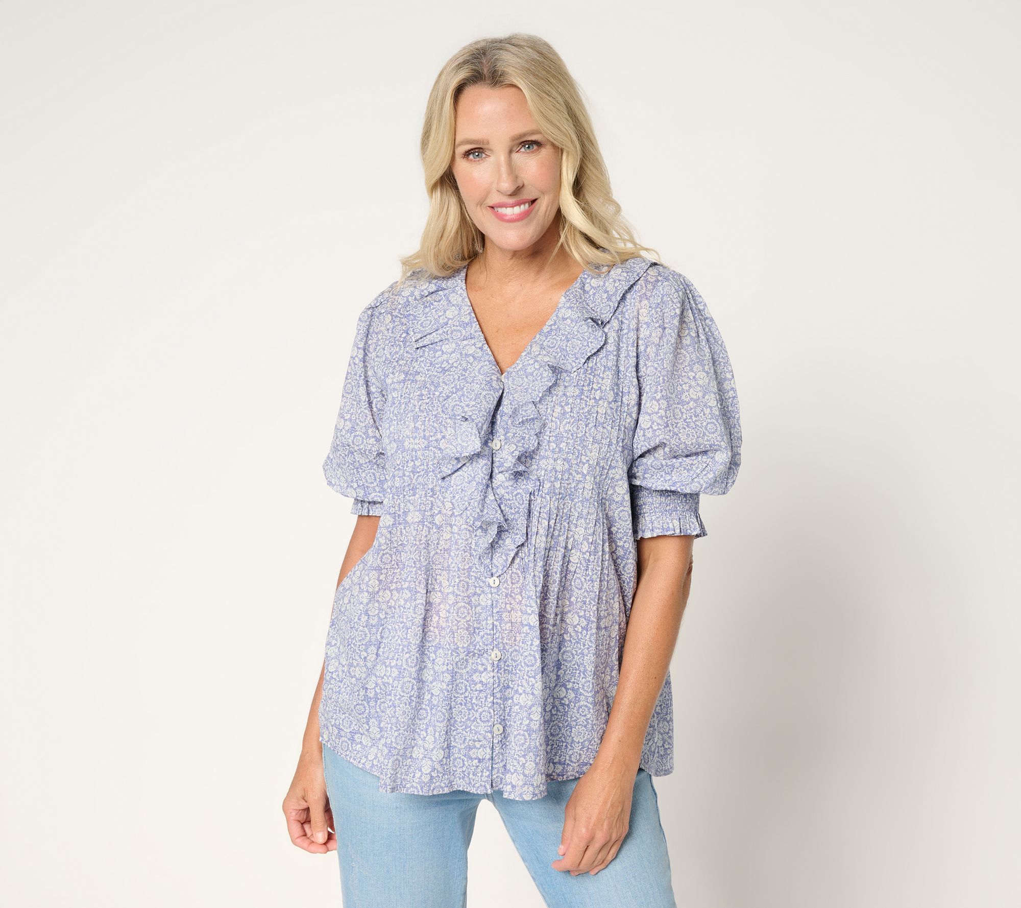 Ree by The Pioneer Woman Printed 100% Cotton Ruffle Front Blouse