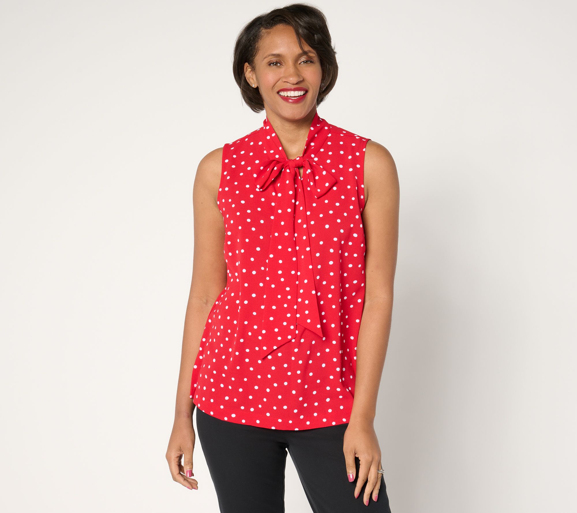 "As Is" Susan Graver Printed Woven Sleeveless Top with Tie Neck