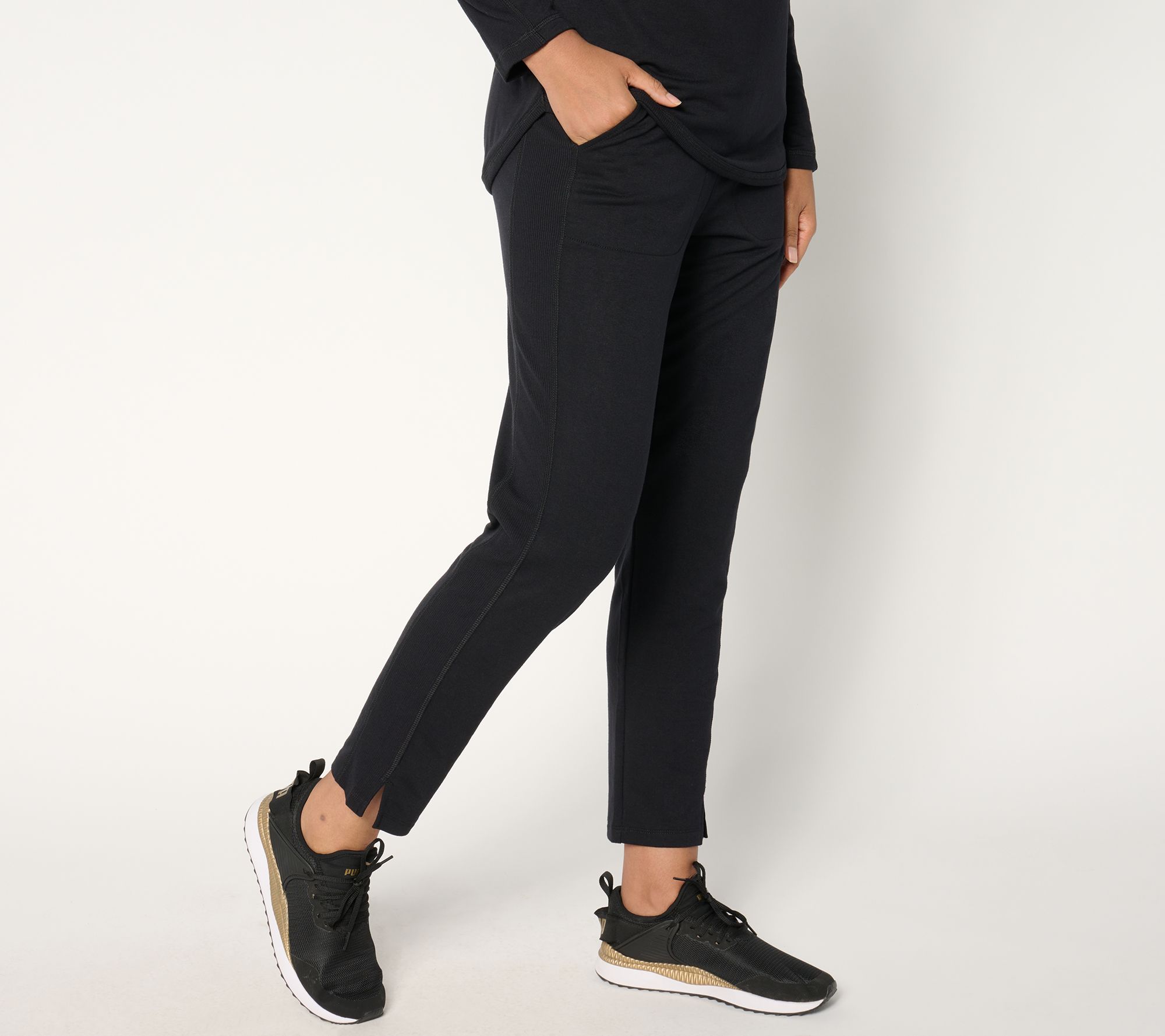 "As Is" Denim & Co. Active Petite French Terry Rib Mix Ankle Pant