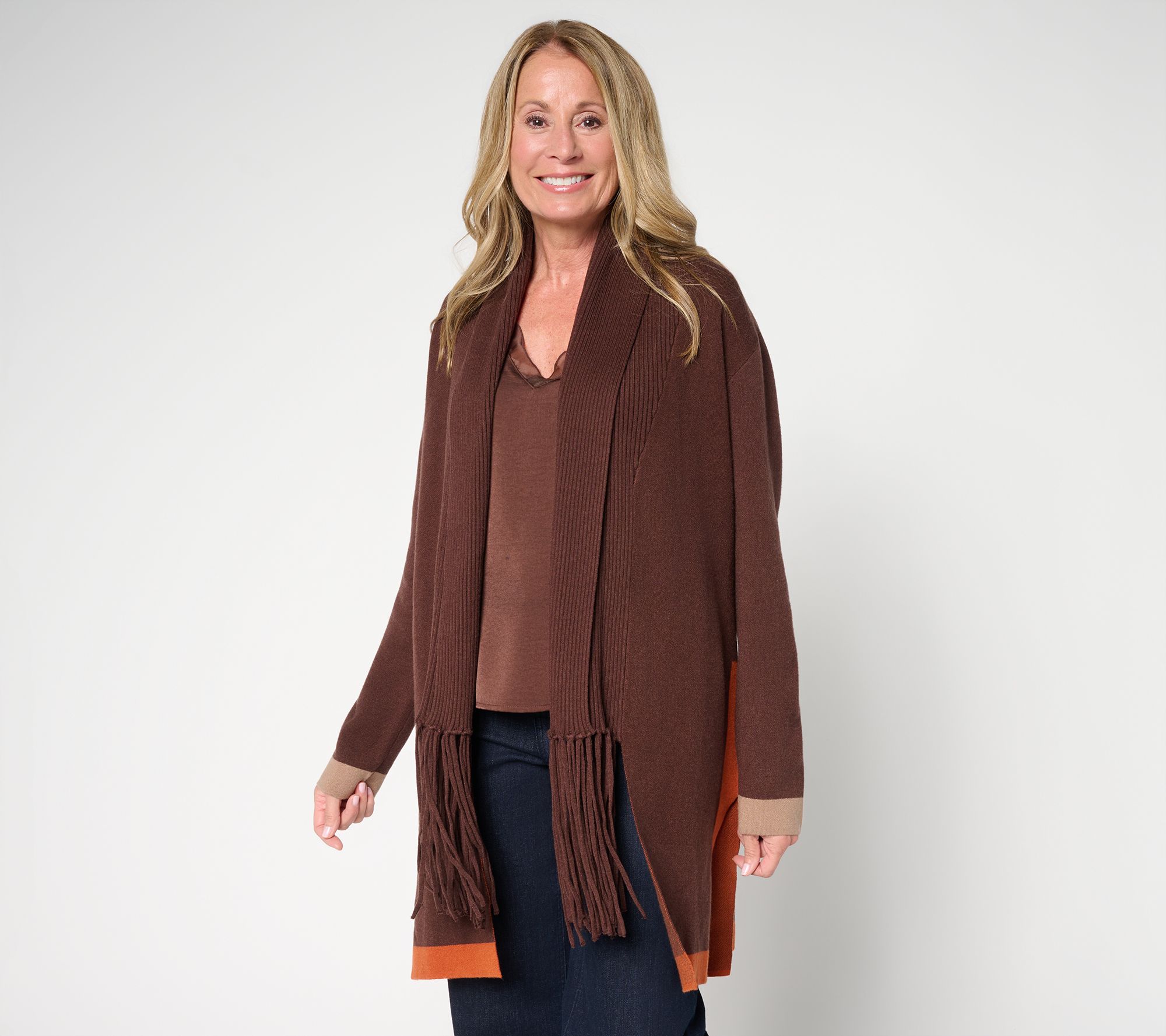 Attitudes by Renee Regular Color Block Fringe Duster Cardigan