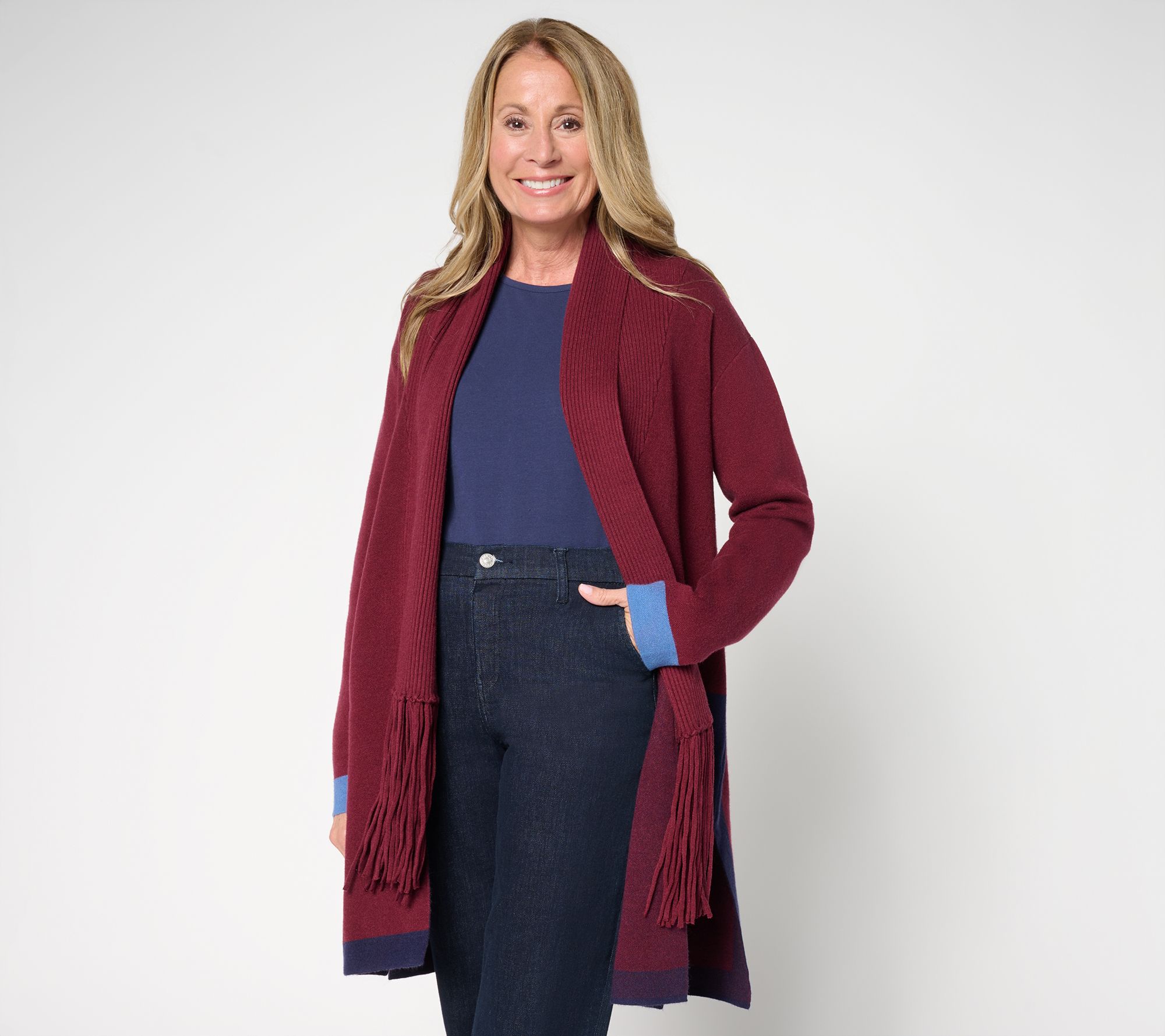 Attitudes by Renee Regular Color Block Fringe Duster Cardigan