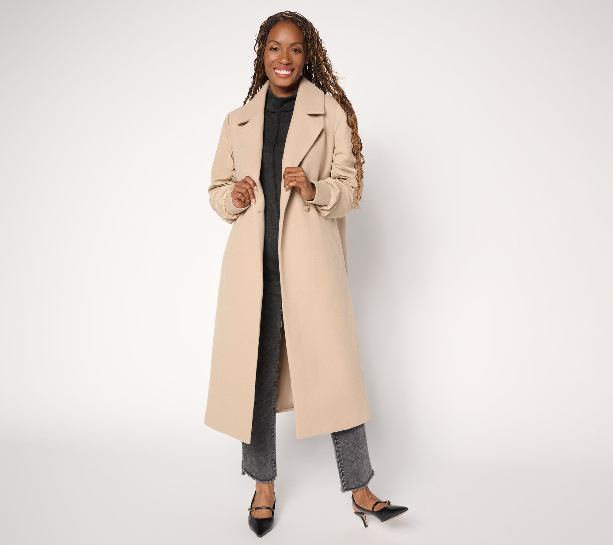 LOGO by Lori Goldstein Regular Ruched Sleeve Long Coat