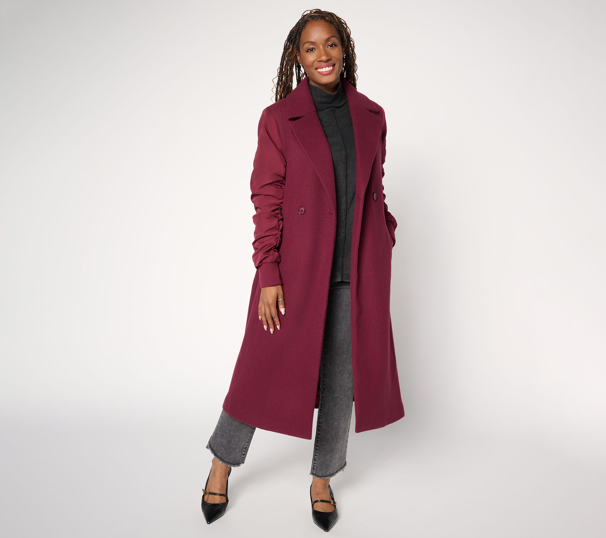 LOGO by Lori Goldstein Regular Ruched Sleeve Long Coat