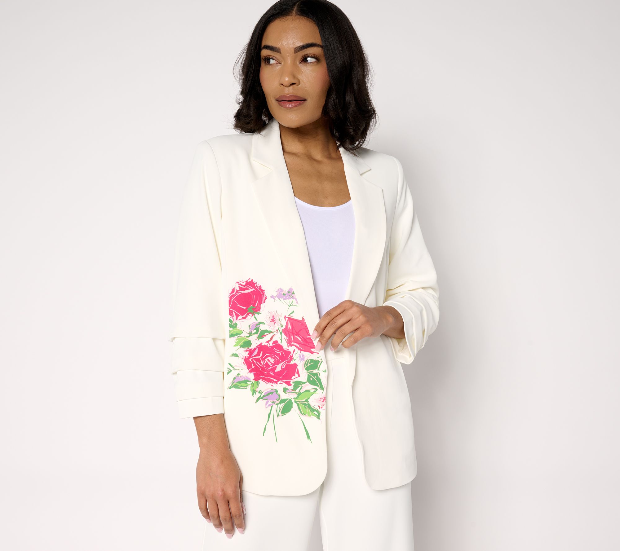 "As Is" nicole by Nicole Miller Stretch Crepe Rouched Sleeve Blazer
