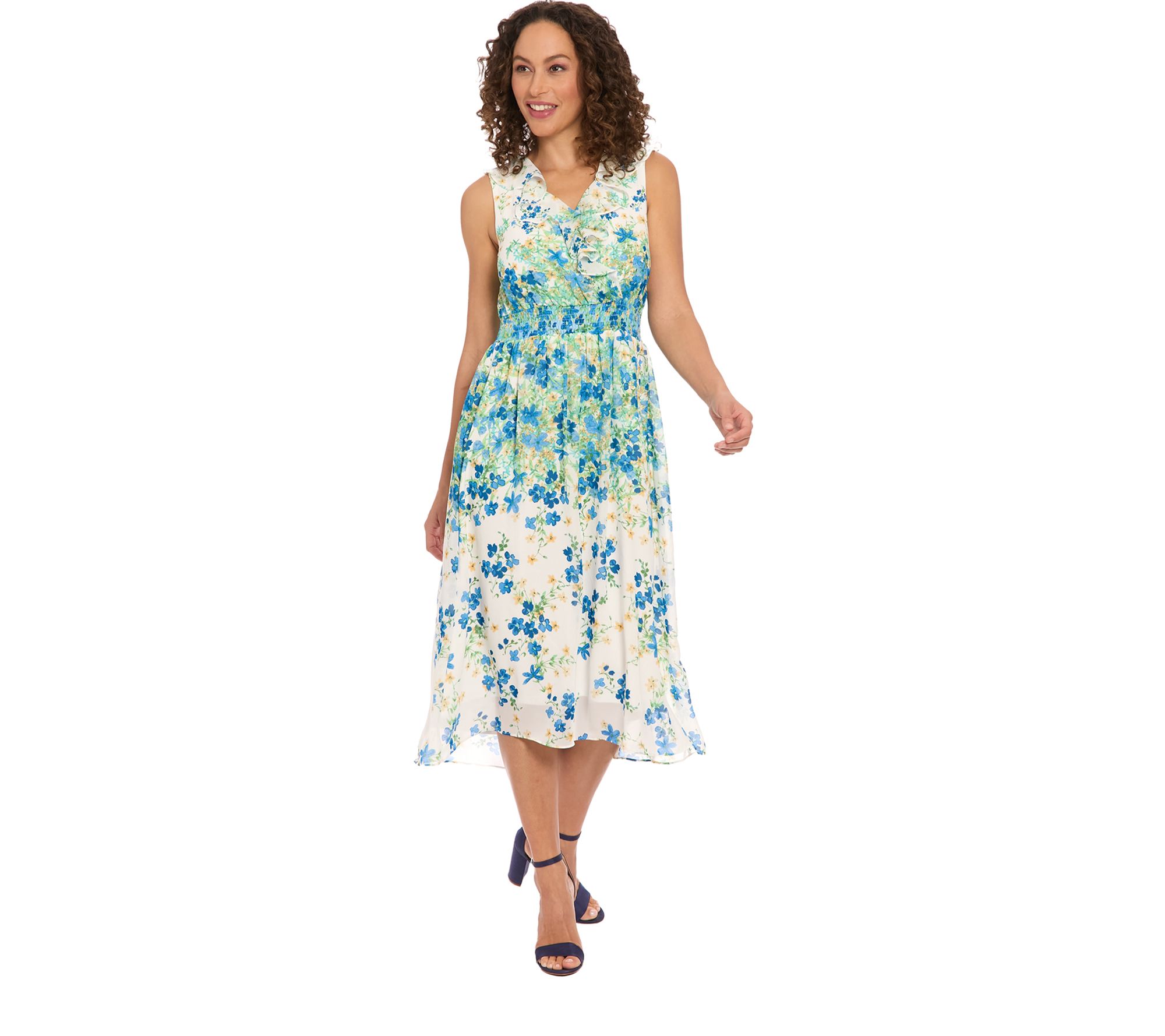 London Times Print Chiffon Hi Low Midi