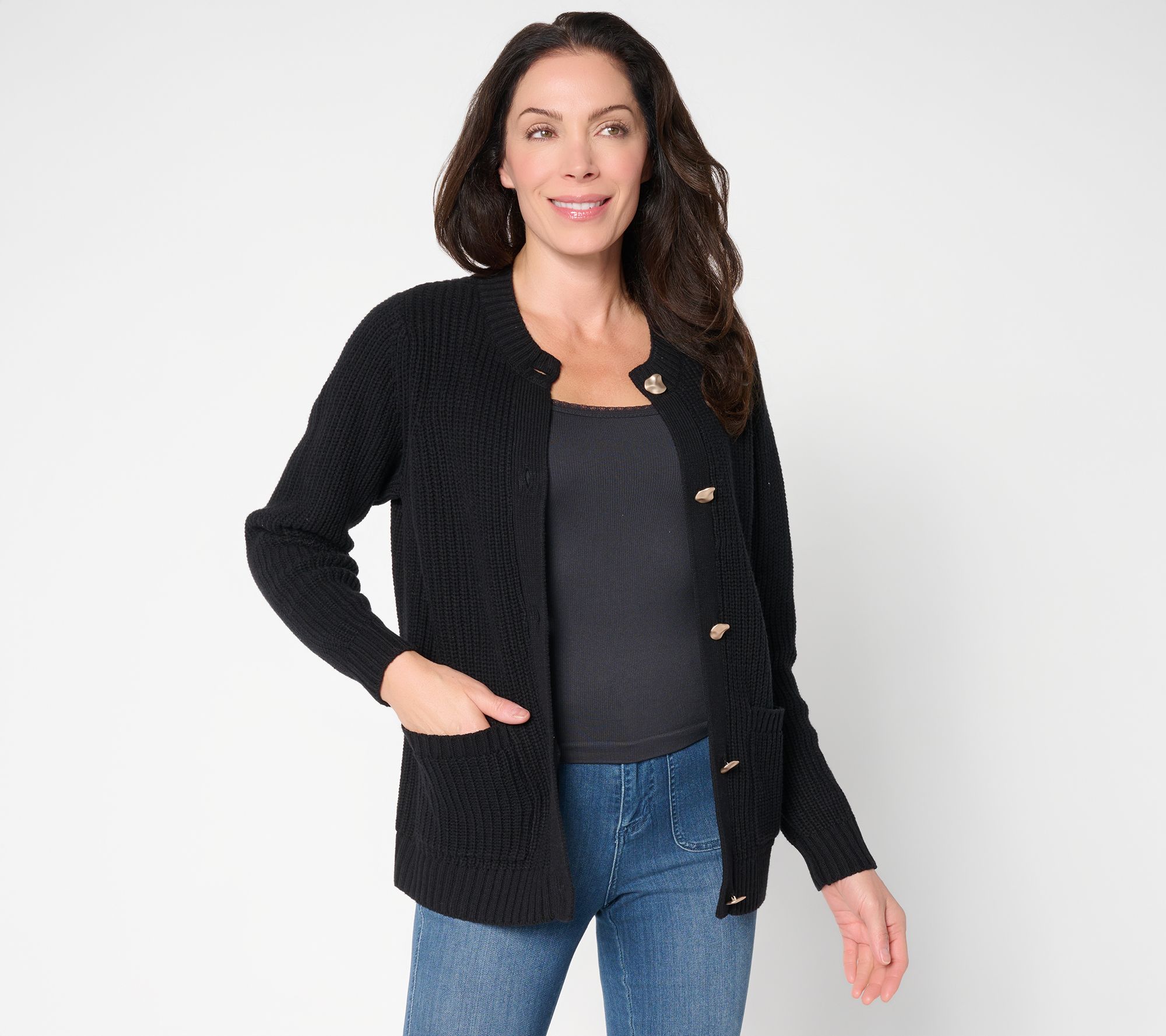 Jingle Belles by Kim Gravel Chunky Shaker Knit Gold Button Cardigan