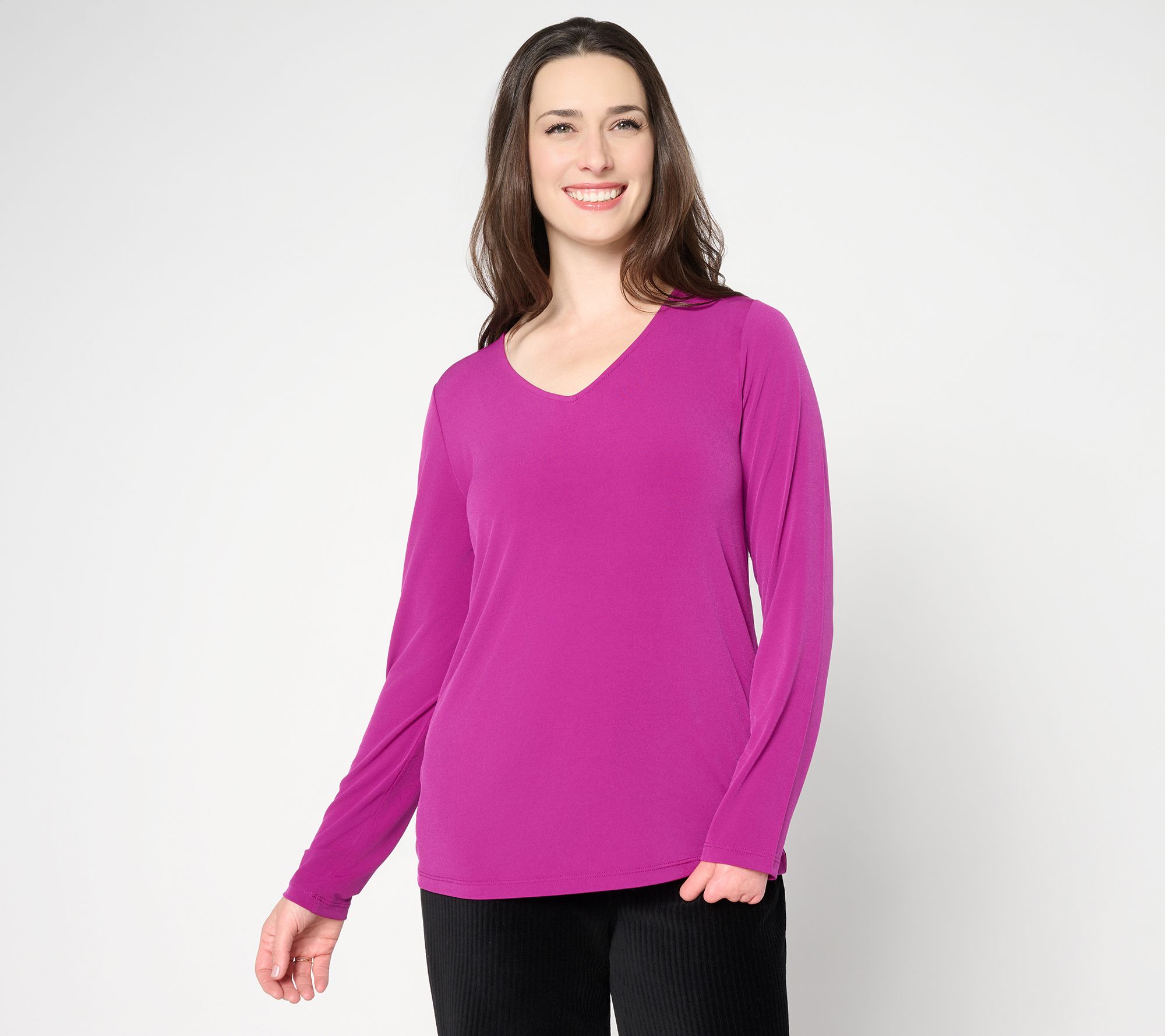  Susan Graver Essentials Liquid Knit V-Neck Top with Long Sleeves