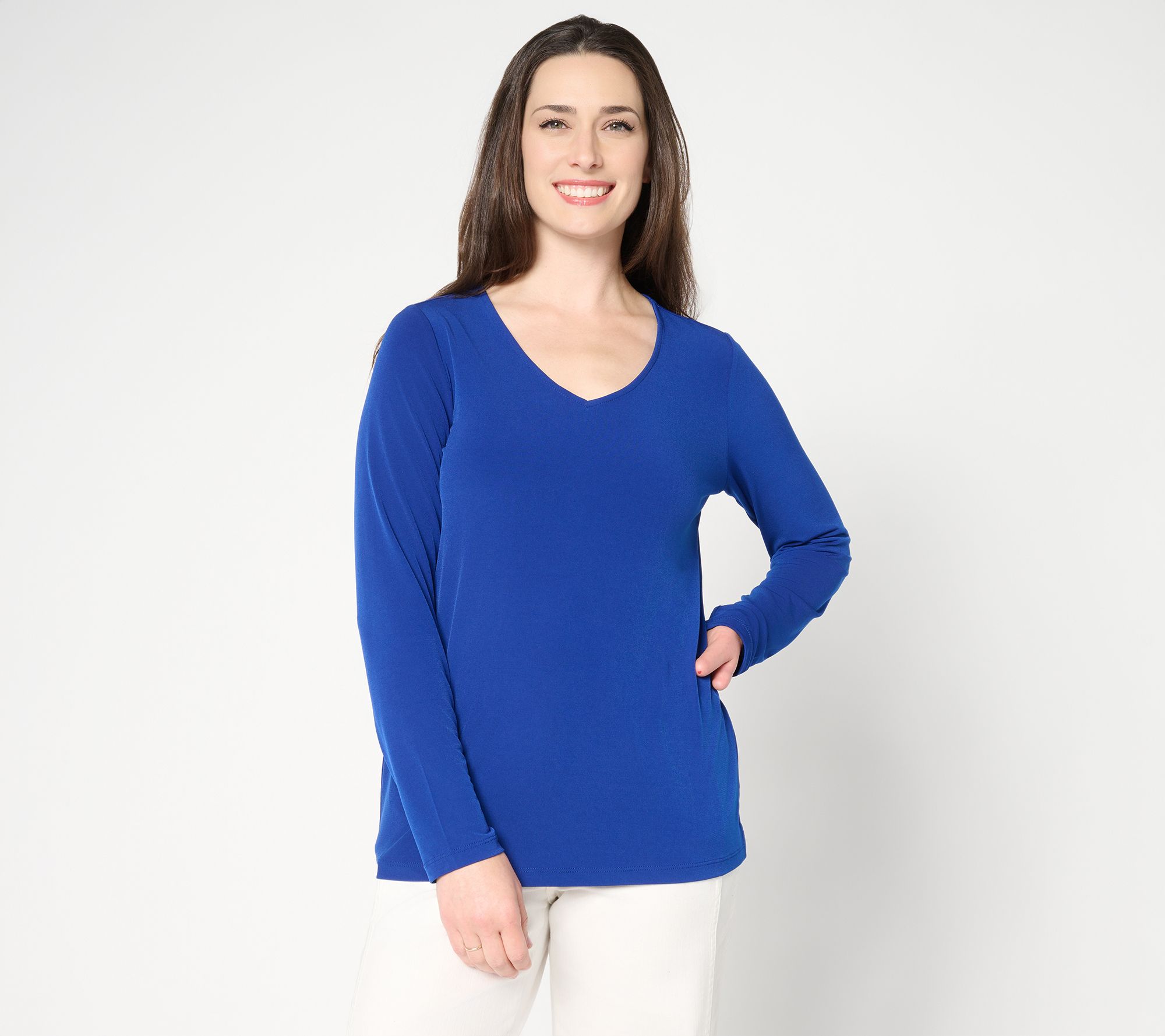 Susan Graver Essentials Liquid Knit V-Neck Top with Long Sleeves