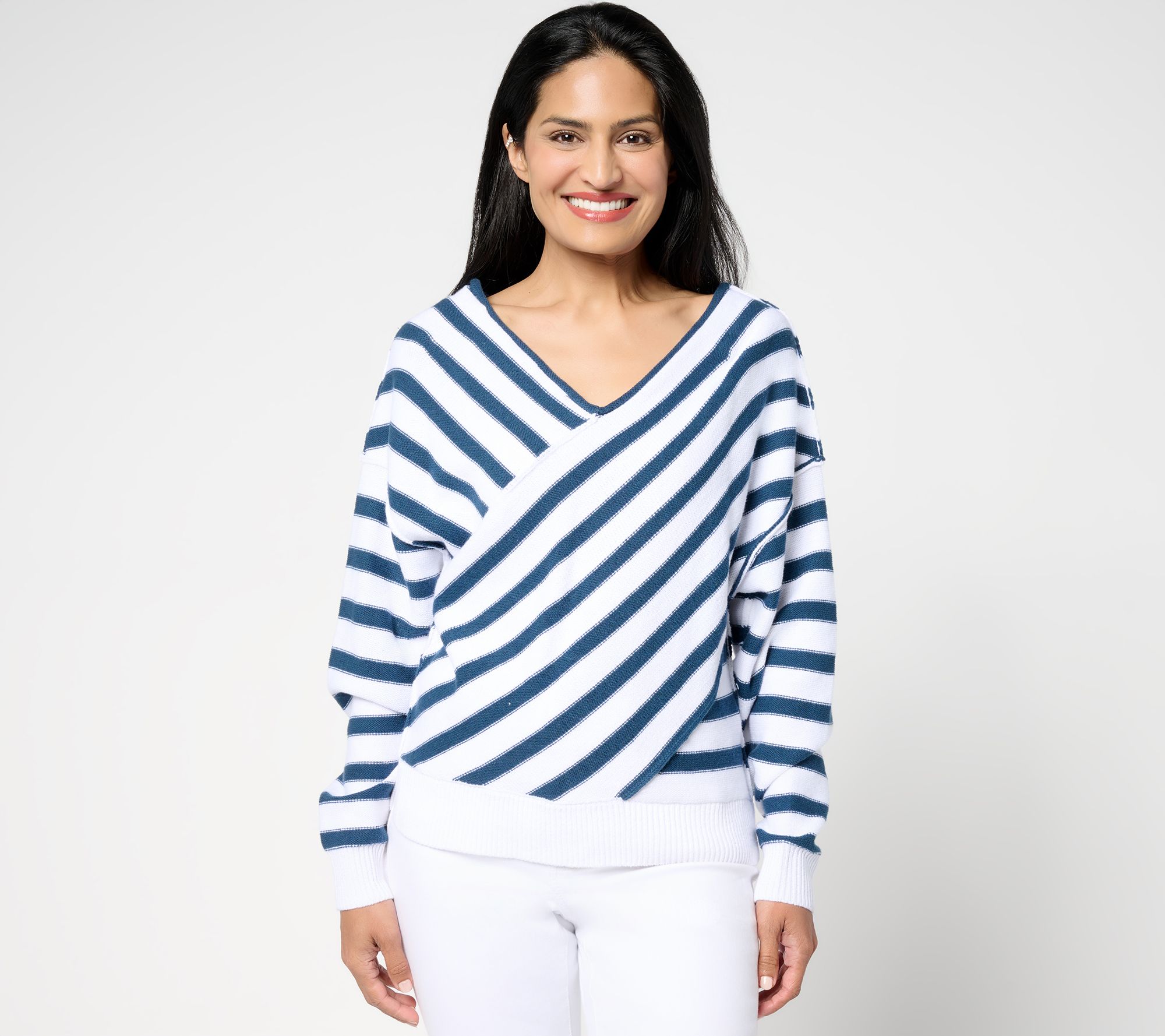 "As Is" Peace Love World Overlap Stripe V-Neck Sweater