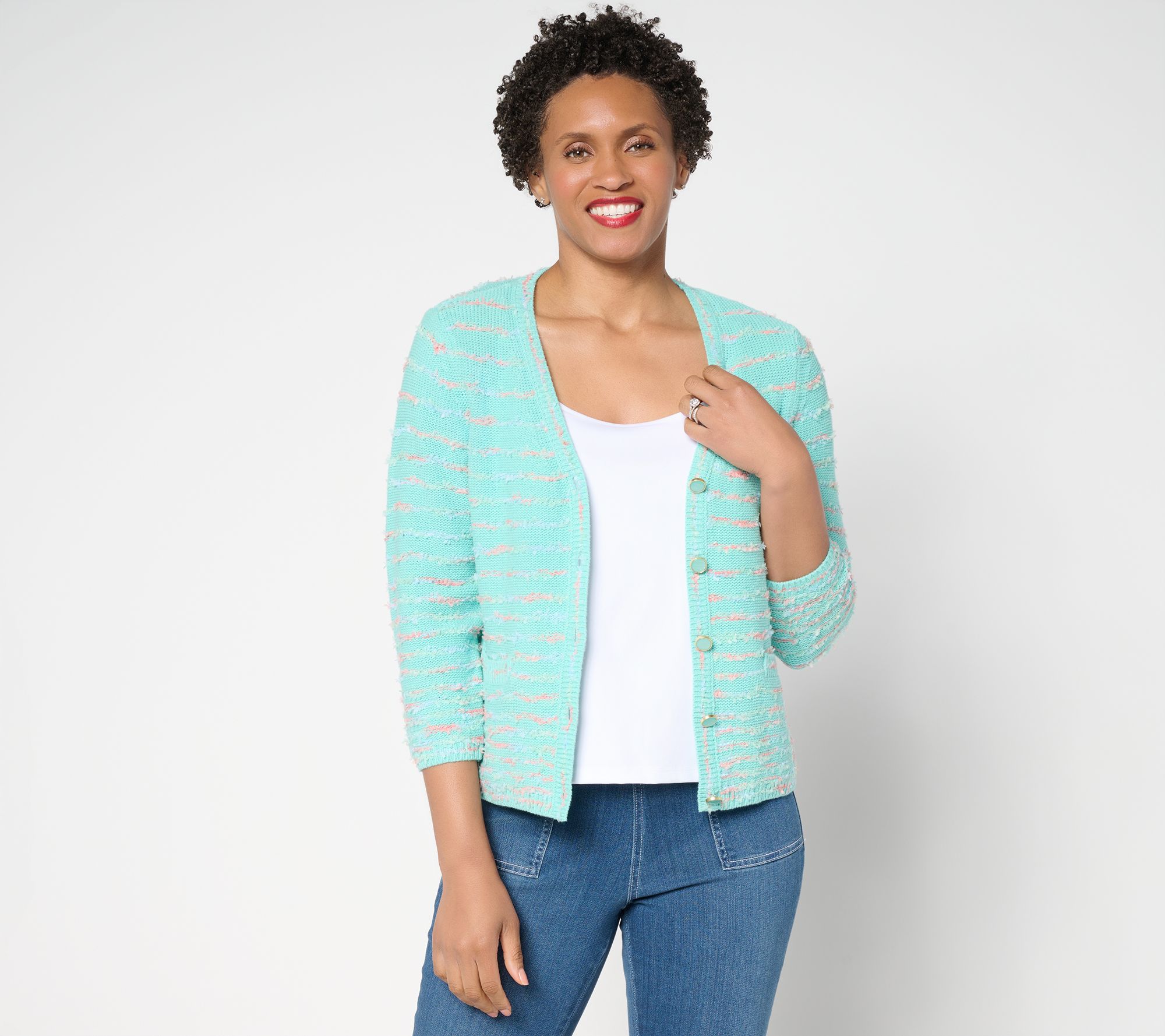 "As Is" Isaac Mizrahi Live! Stripe Eyelash Yarn Button Front Cardigan