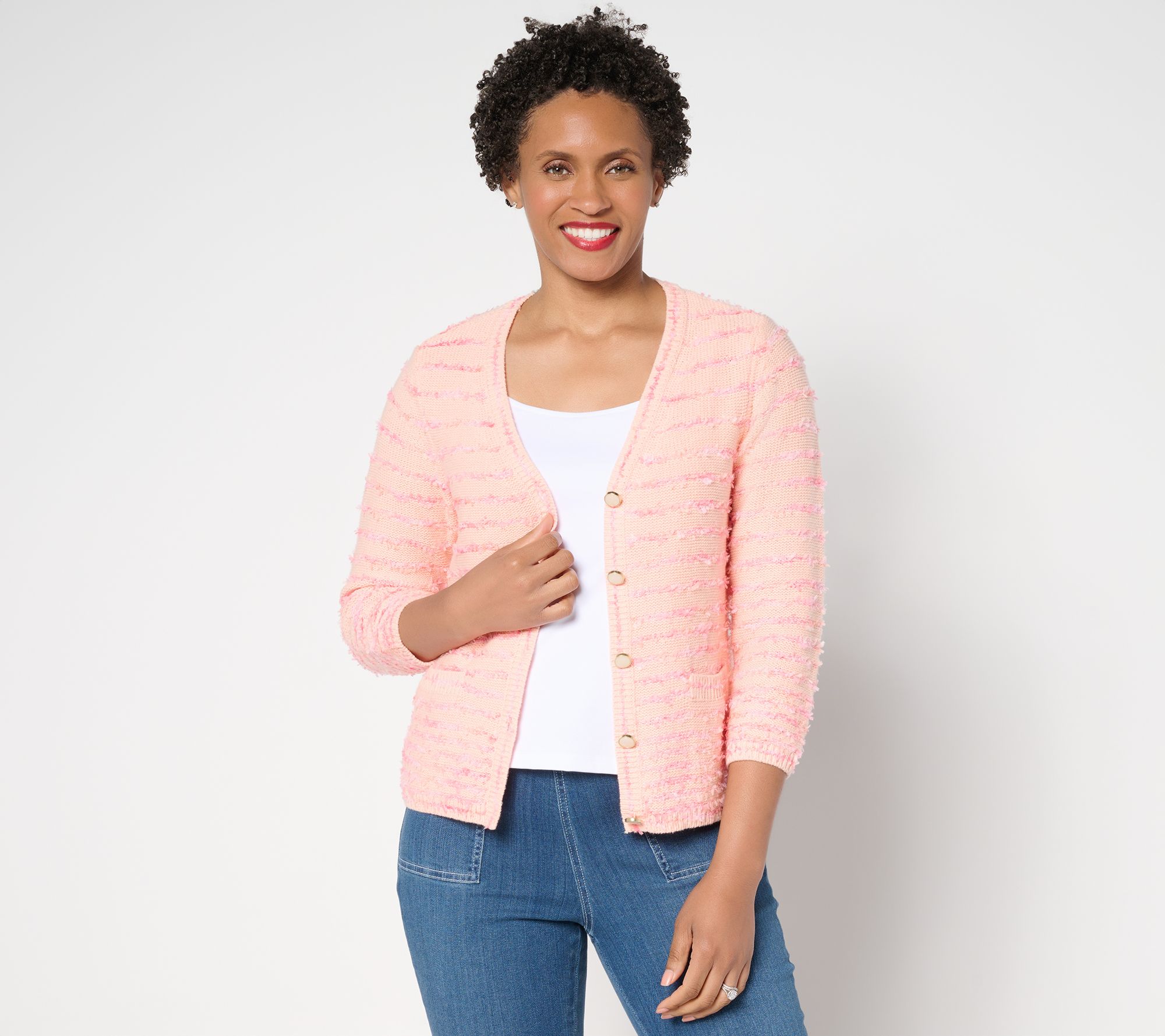 "As Is" Isaac Mizrahi Live! Stripe Eyelash Yarn Button Front Cardigan