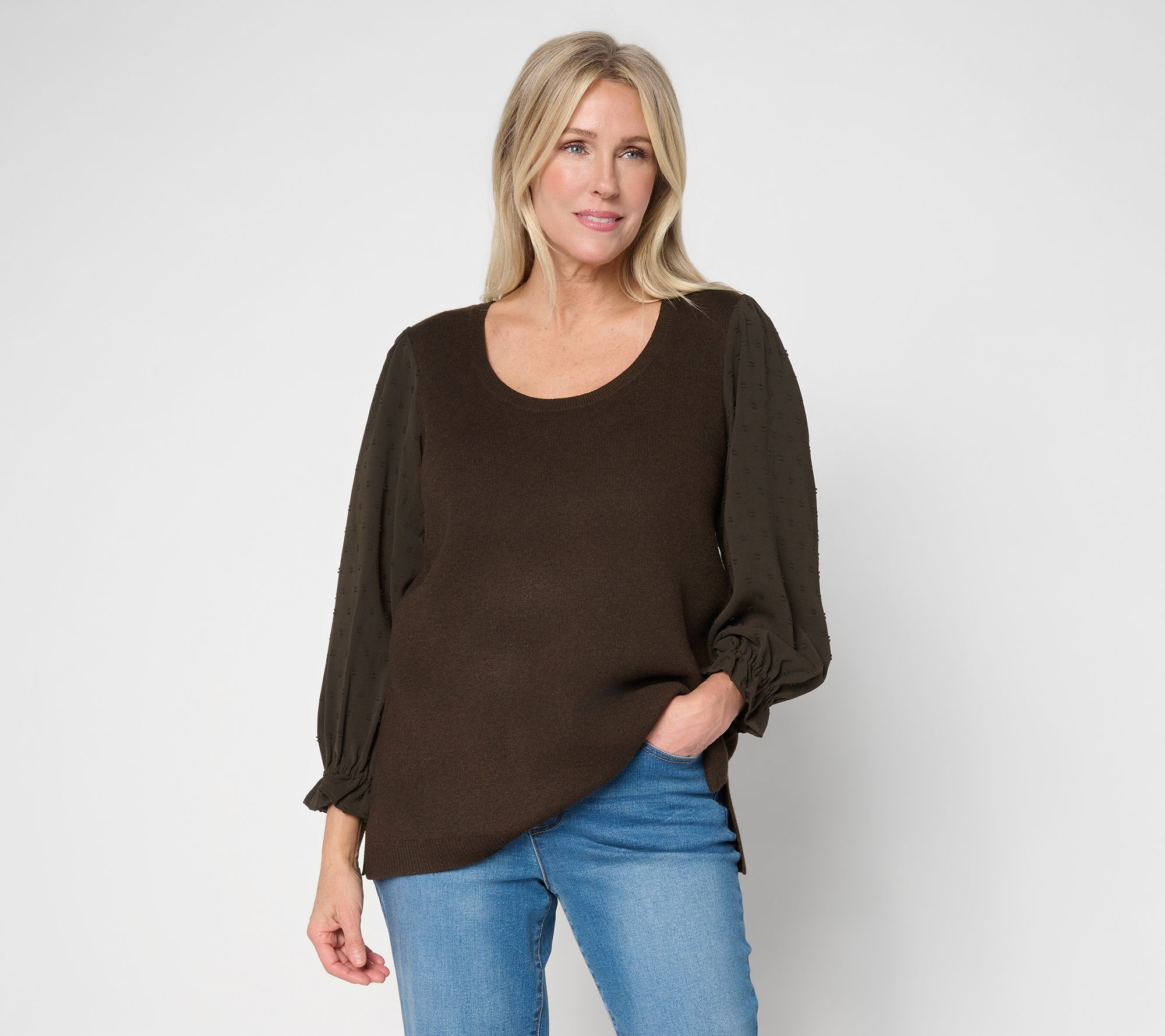 Ree by the Pioneer Woman Mixed Media Pullover 3/4 Sleeve Sweater